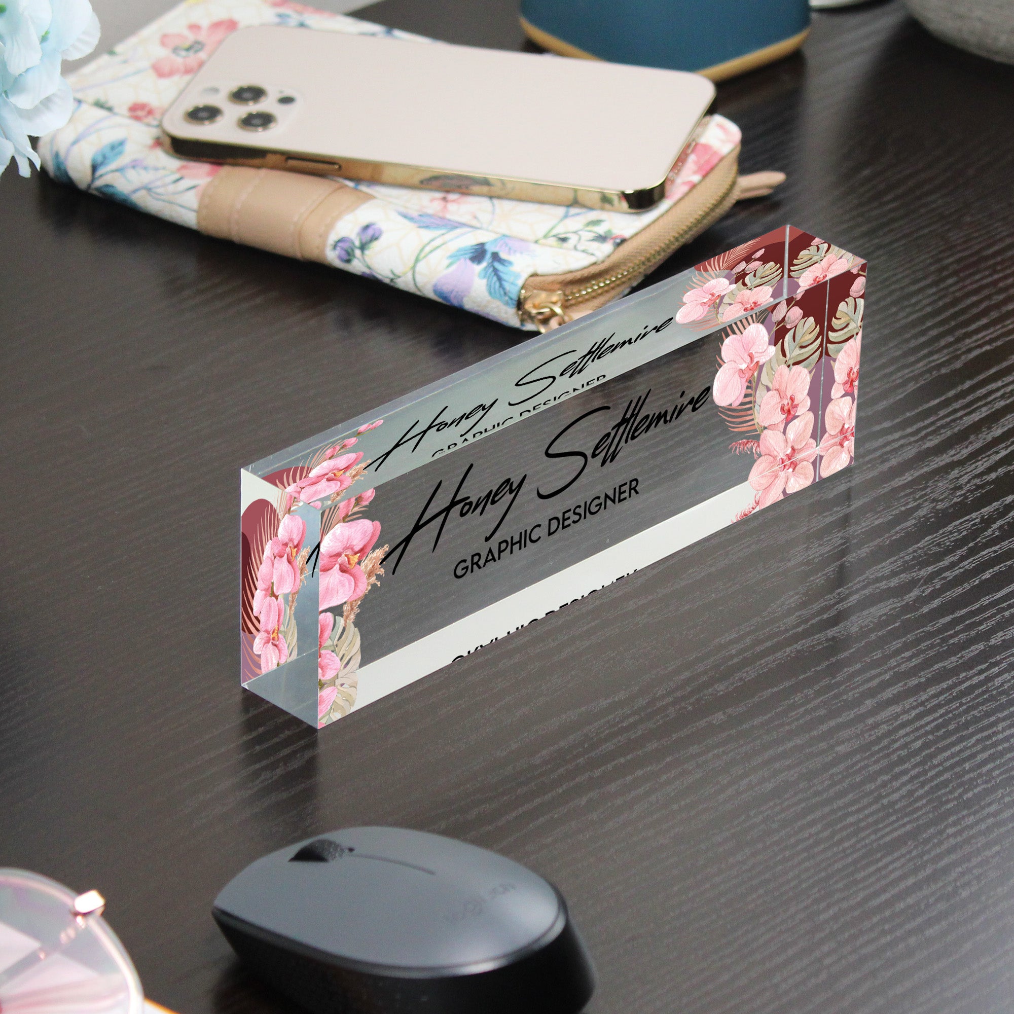 Personalized Floral Acrylic Desk Block - Custom Name Plate for Graphic Designers - Elegant Office Decor and Gift - Image 9