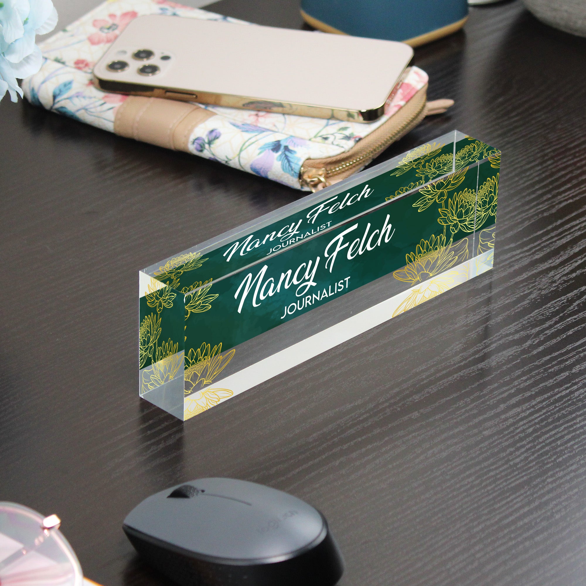 Personalized Acrylic Desk Name Block - Elegant Green Floral Design for Journalists, Writers, and Professionals - Image 9