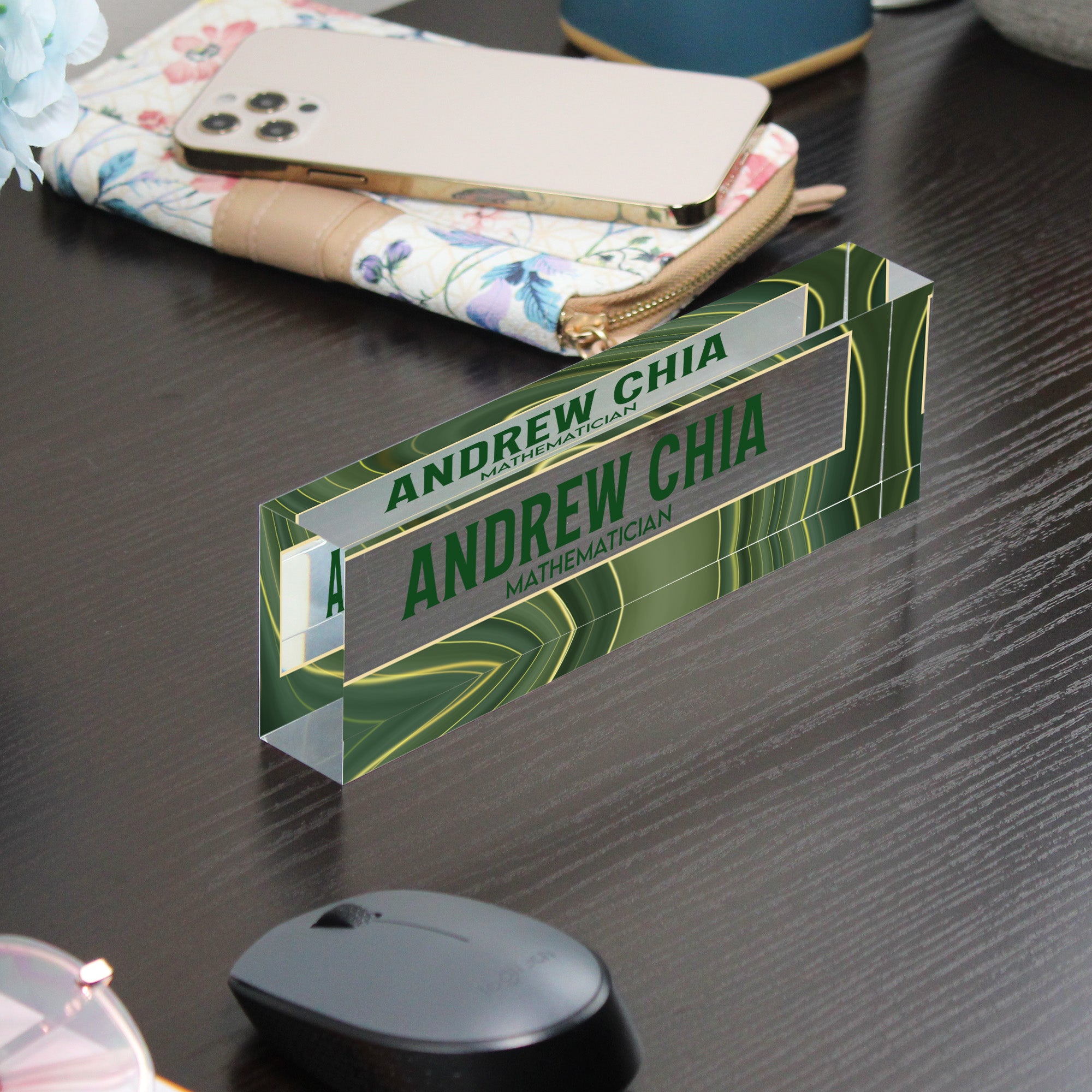 Personalized Acrylic Desk Block - Custom Name and Title Display with Elegant Green Pattern for Mathematicians - Image 9