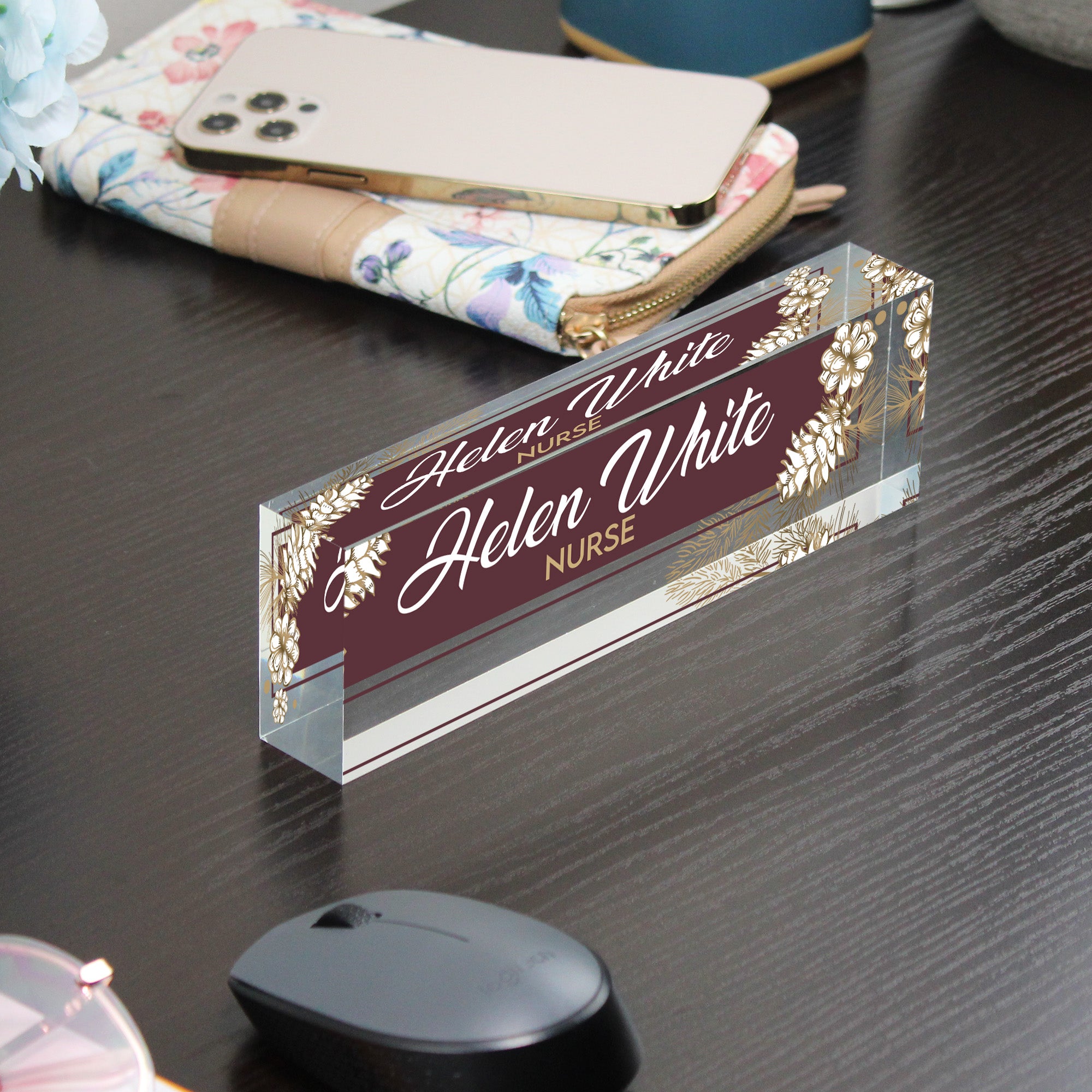 Personalized Acrylic Desk Block with Elegant Floral Design - Custom Name & Profession Engraving for a Unique Gift - Image 9