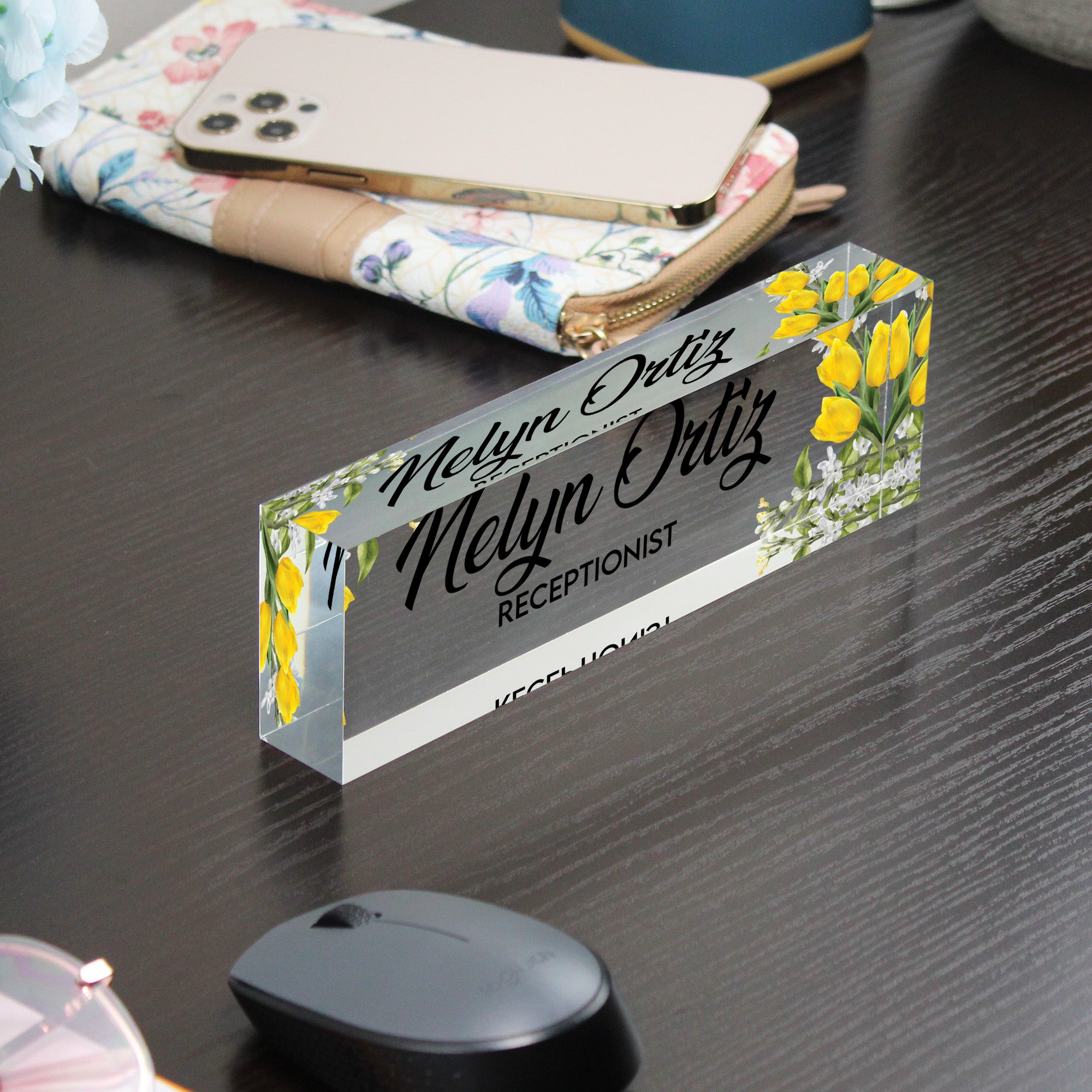 Personalized Acrylic Desk Name Plate with Yellow Floral Design – Custom Office Decor for Receptionists and Gift Giving - Image 9