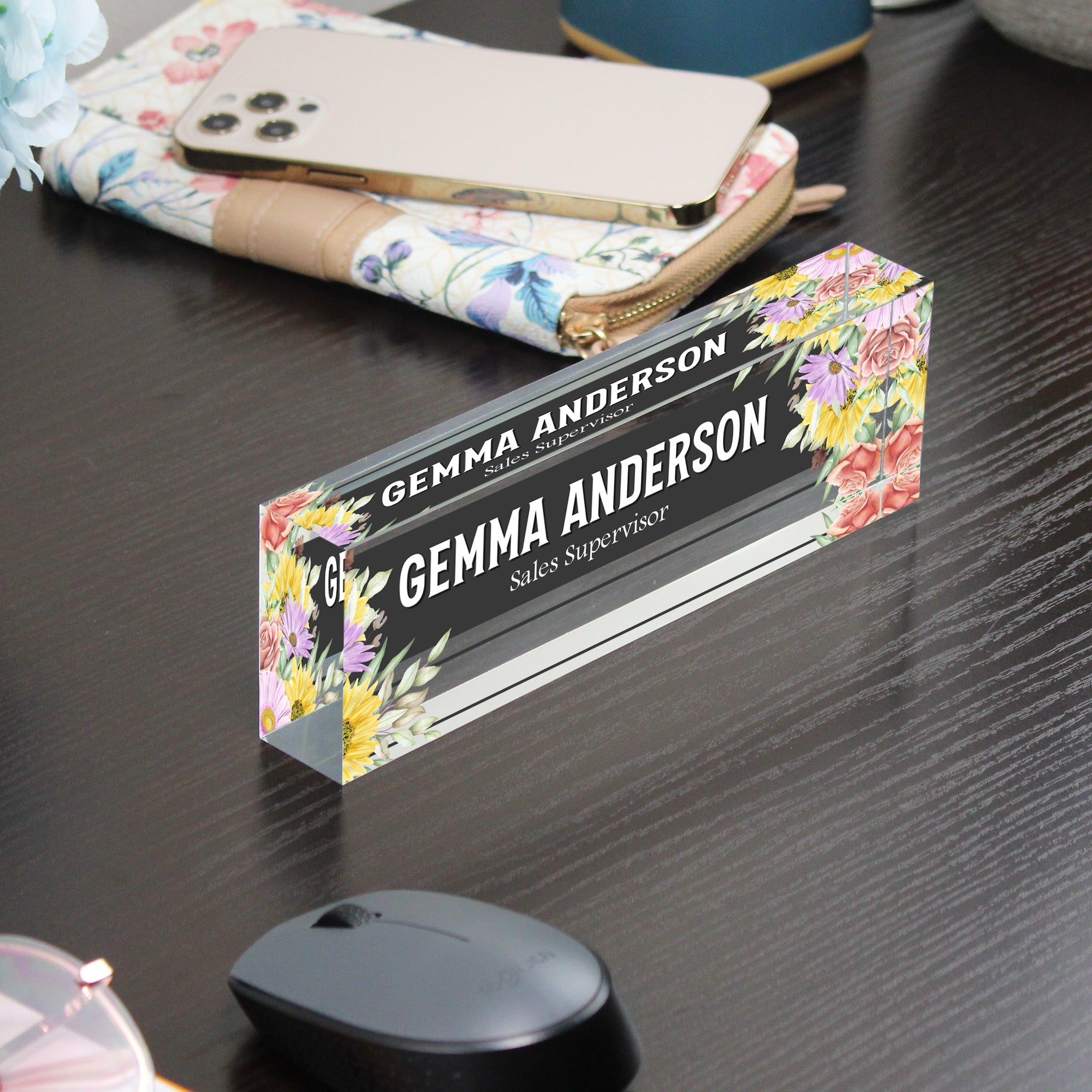 Personalized Floral Acrylic Desk Block with Custom Name & Title – Perfect Gift for Sales Professionals - Image 9
