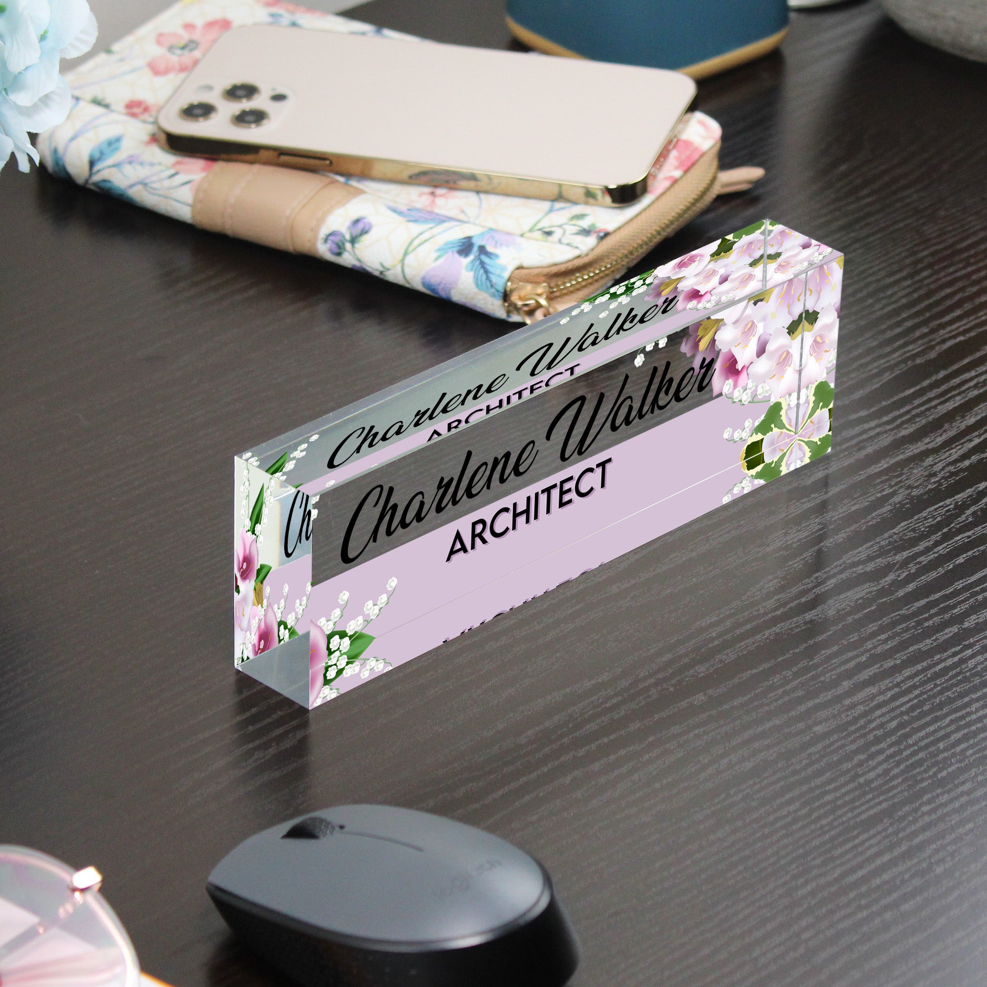 Personalized Floral Acrylic Desk Name Plate - Custom Architect Block with Lily and Orchid Design for Office Decor - Image 9