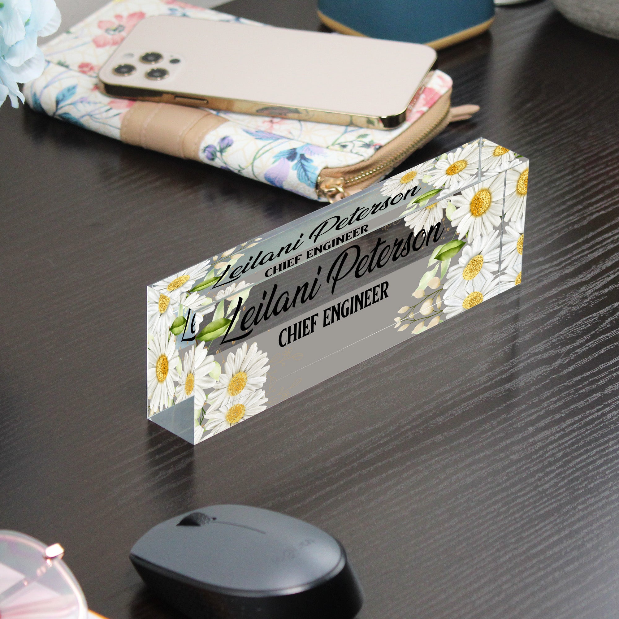 Personalized Floral Acrylic Desk Name Plate - Custom Engraved with Daisies Design for Office, Boss, or Gift - Image 9