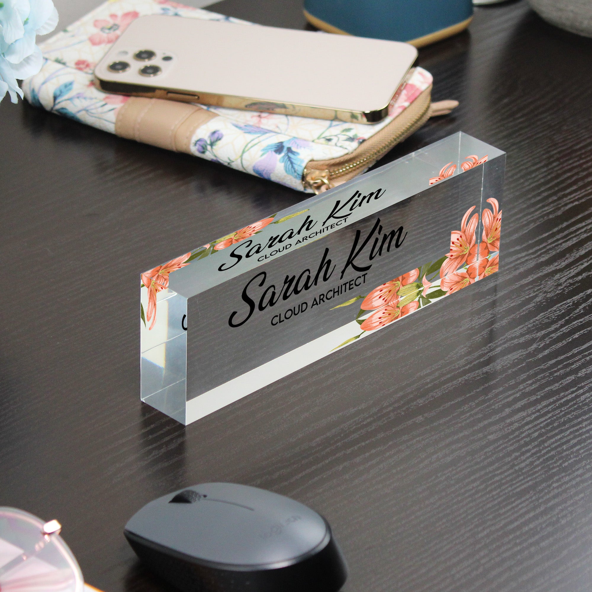 Personalized Floral Acrylic Desk Block - Custom Name & Title - Elegant Office Decor & Thoughtful Gift for Professionals - Image 9