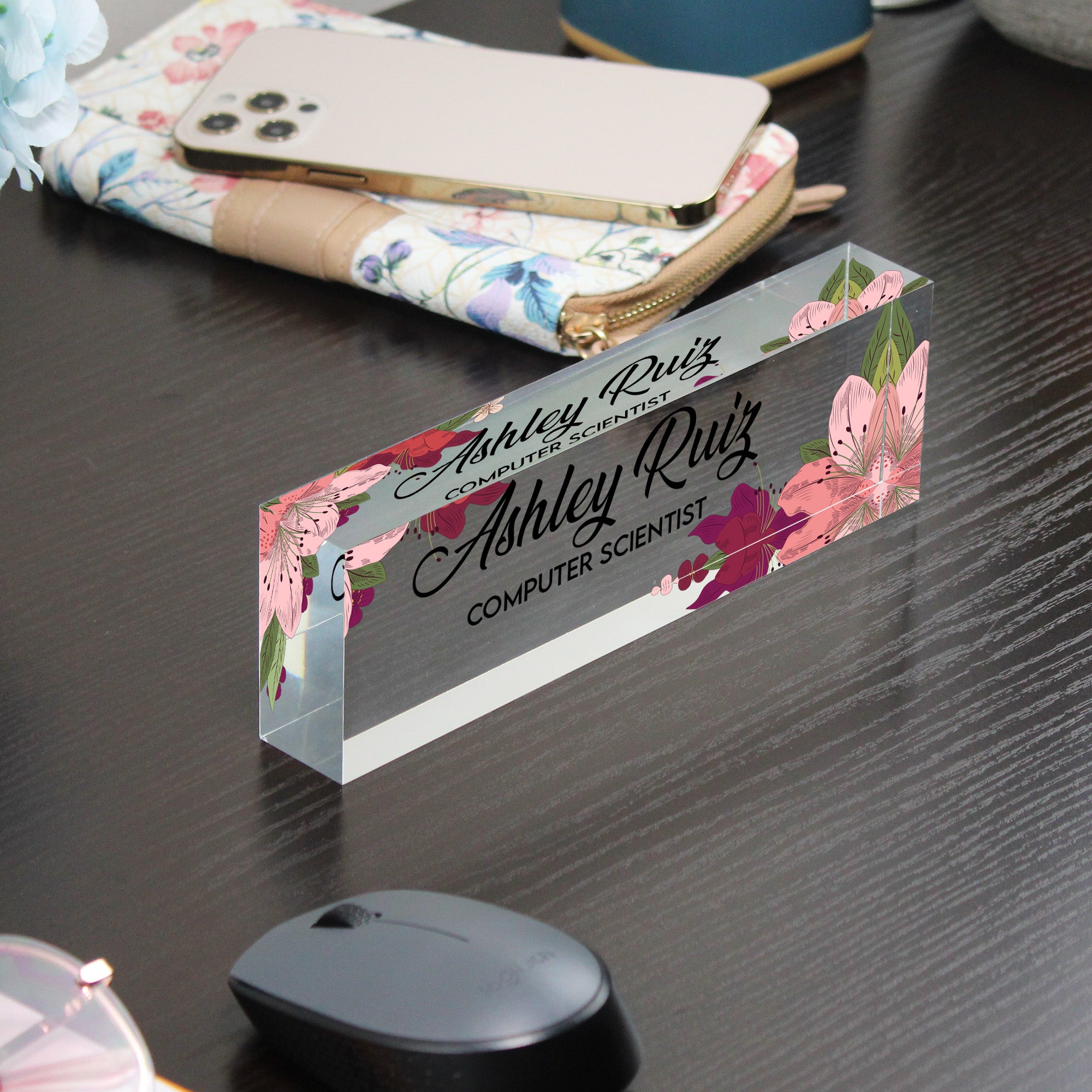Personalized Floral Acrylic Desk Name Block - Custom Office Decor for Computer Scientists - Image 9
