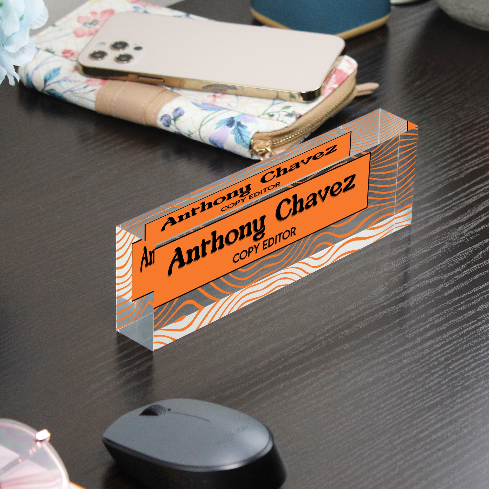 Personalized Acrylic Desk Block - Custom Nameplate with Vibrant Orange Wave Design for Copy Editors - Image 9