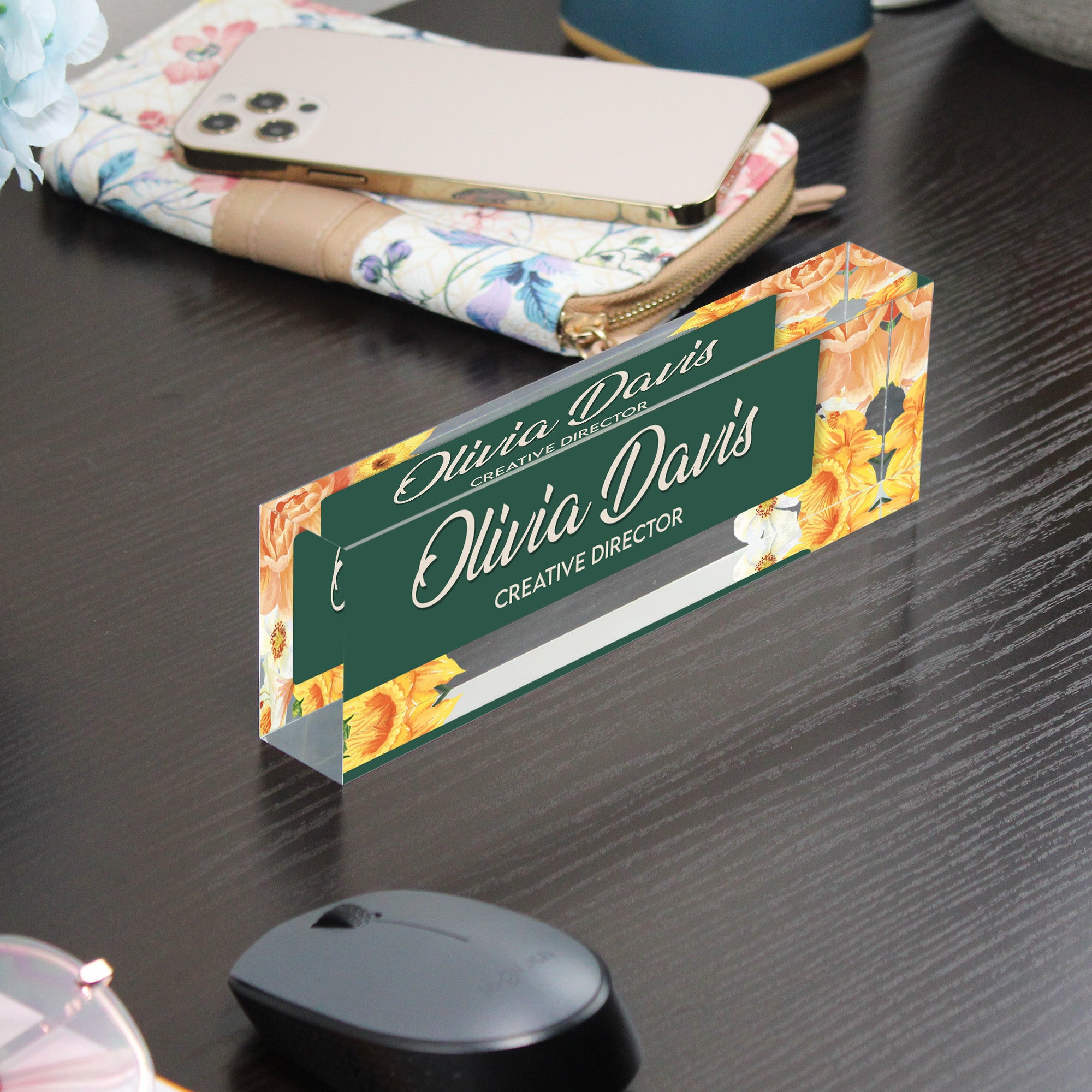 Personalized Floral Acrylic Desk Block - Custom Nameplate for Office and Gift - Elegant Creative Director Design - Image 9