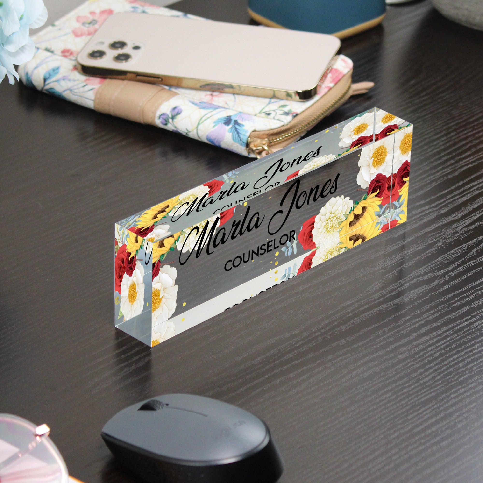 Personalized Floral Acrylic Desk Block Name Plate for Counselors – Elegant Office Decor and Thoughtful Gift Idea - Image 9