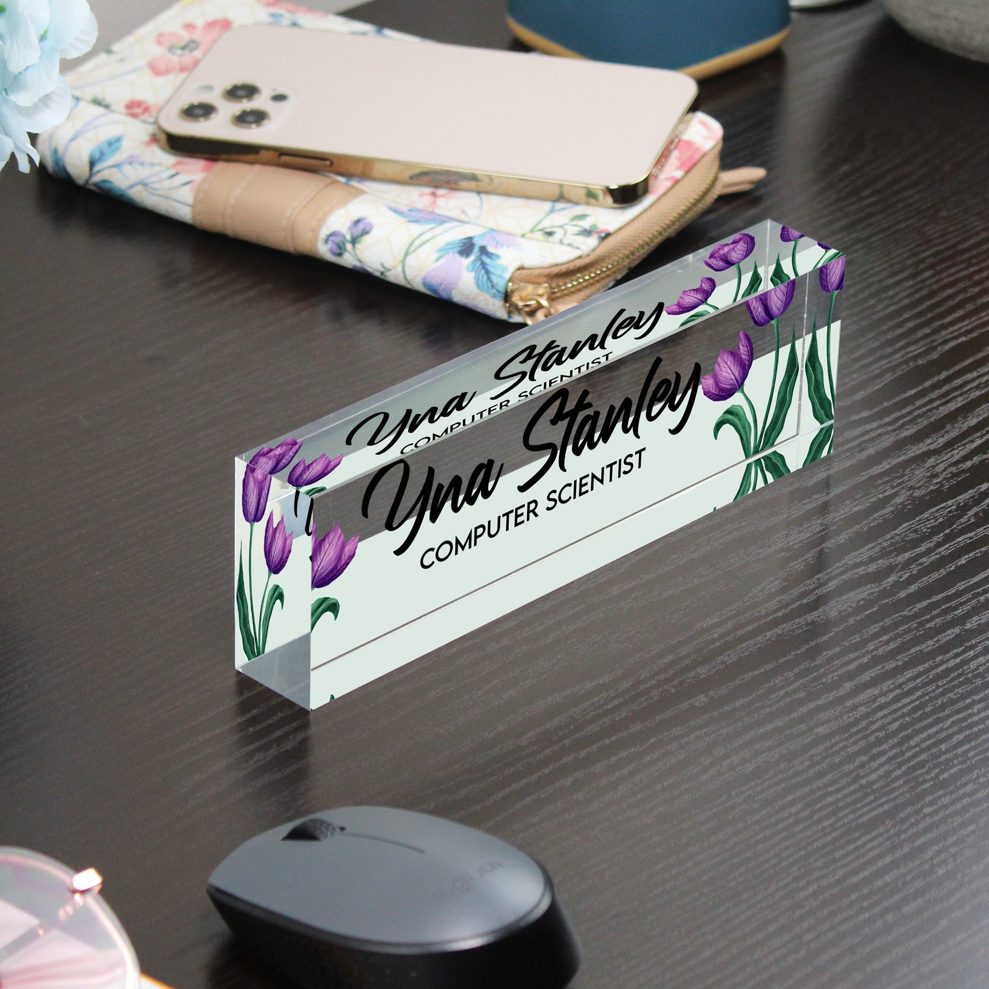Personalized Acrylic Desk Block - Elegant Tulip Design with Custom Name and Profession for Thoughtful Gift Giving - Image 9