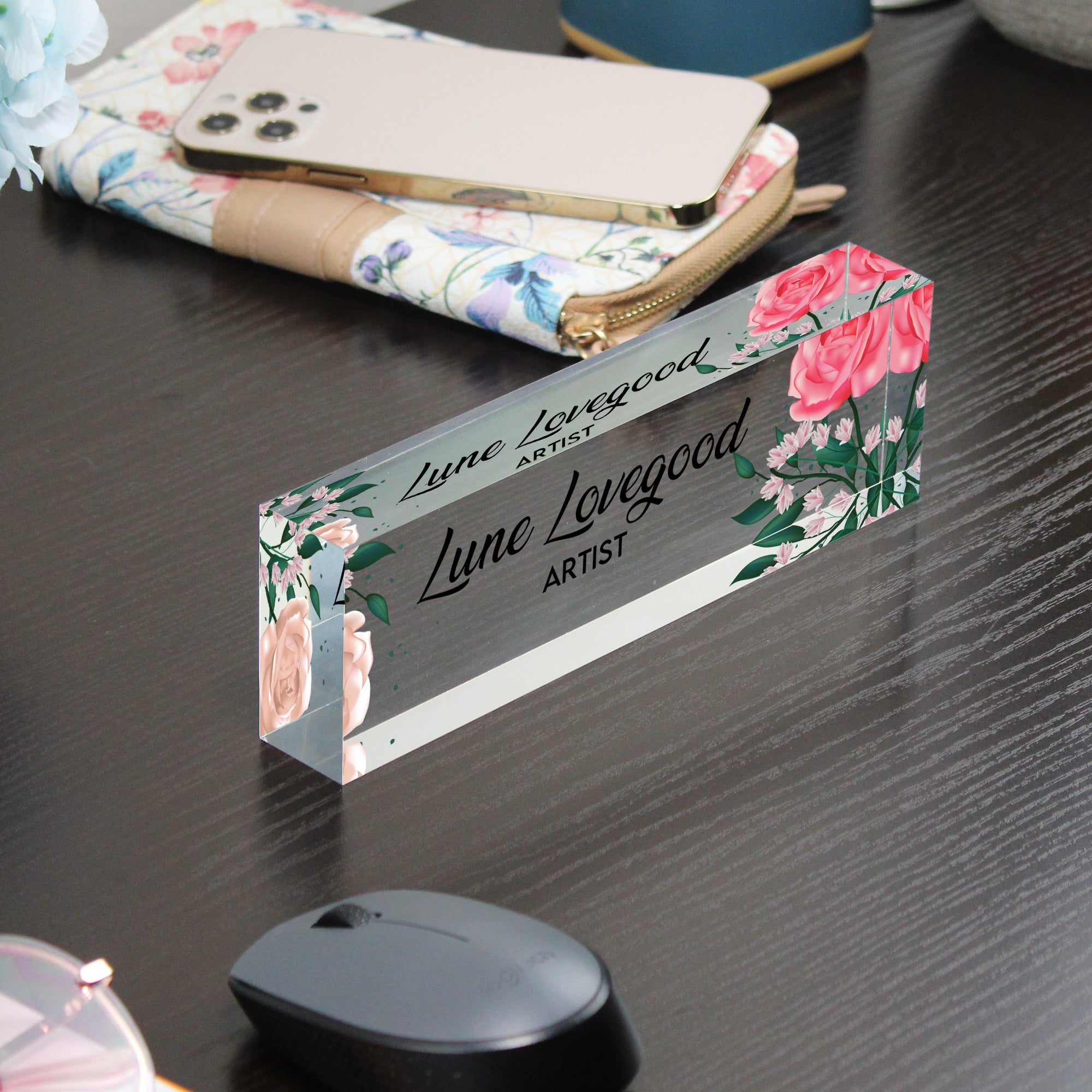 Personalized Floral Acrylic Desk Block - Custom Name and Title Art Decor for Unique Gift Giving - Image 9