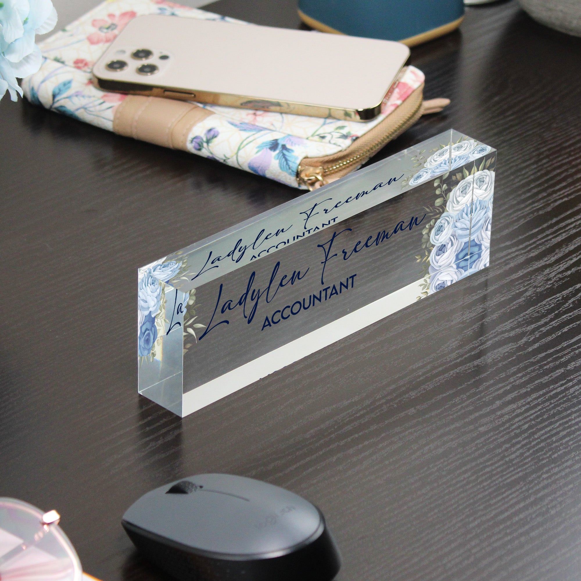 Personalized Acrylic Desk Nameplate with Elegant Blue Floral Design - Ideal Gift for Professionals and Home Offices - Image 9