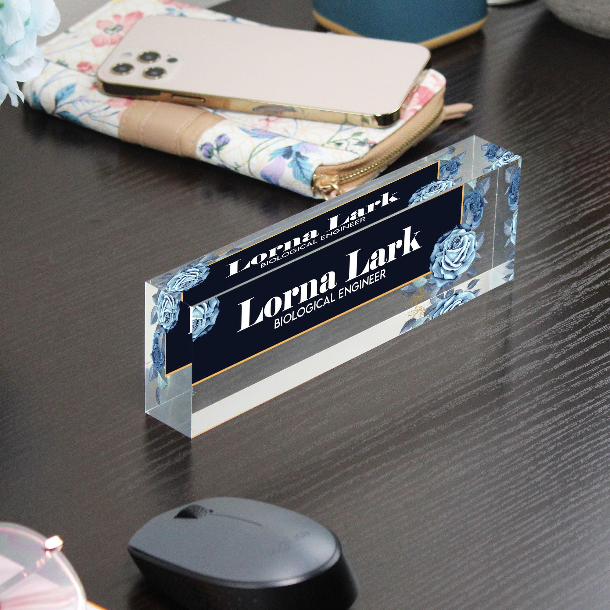 Personalized Acrylic Desk Block with Elegant Blue Rose Design - Custom Nameplate for Professionals and Gift Occasions - Image 9