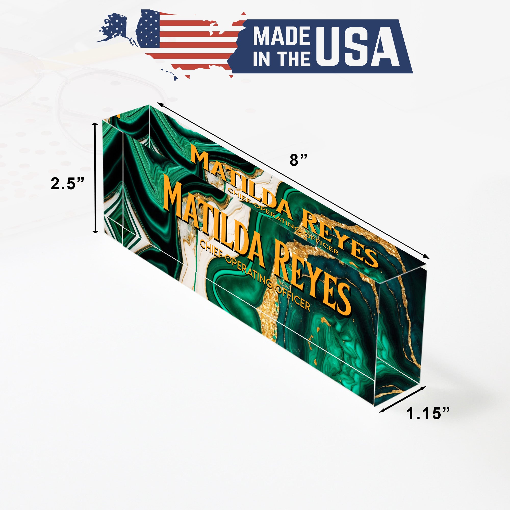 Personalized Acrylic Desk Block with Emerald Marble Design for Executive Gift Giving – Custom Engraved Nameplate - Image 10