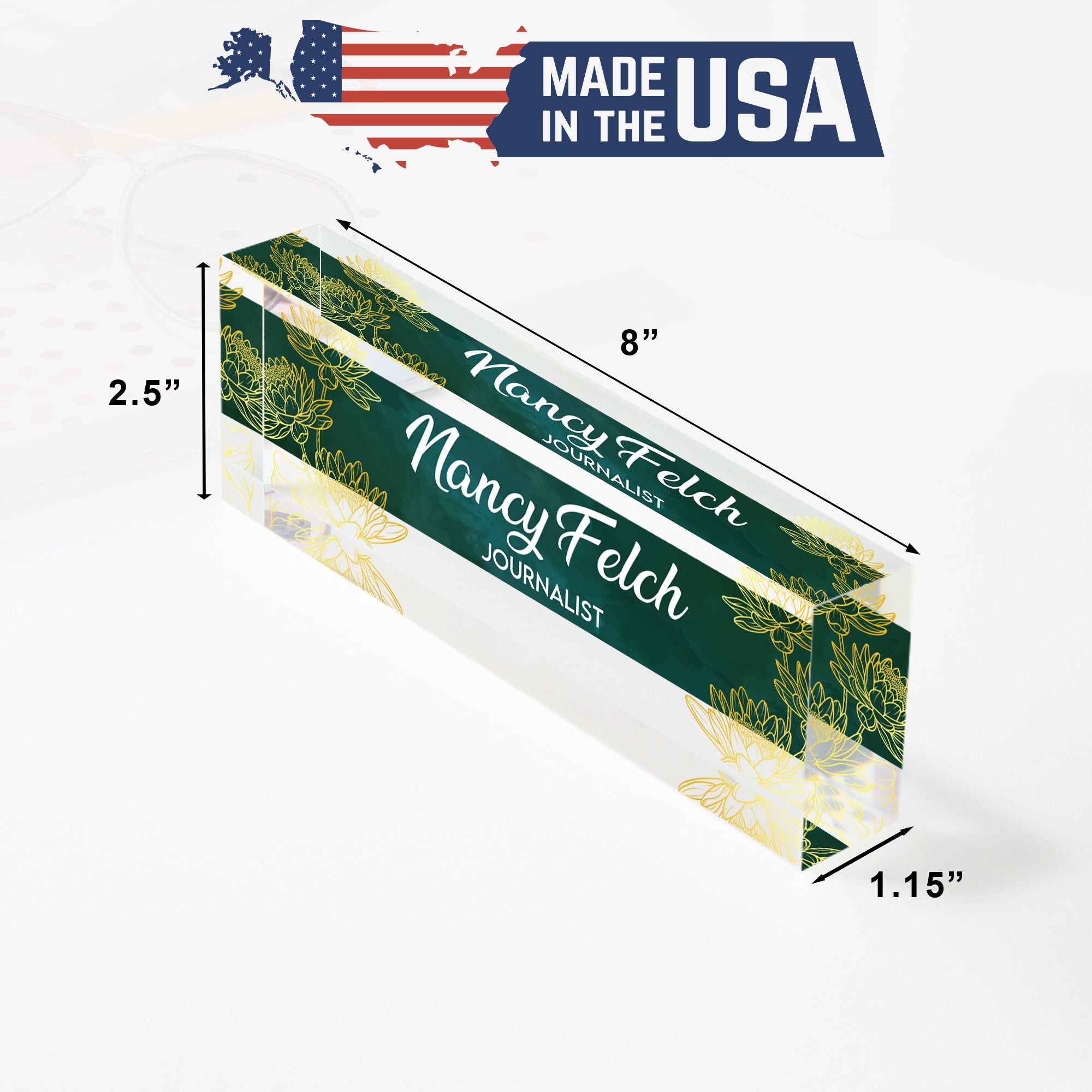 Personalized Acrylic Desk Name Block - Elegant Green Floral Design for Journalists, Writers, and Professionals - Image 10