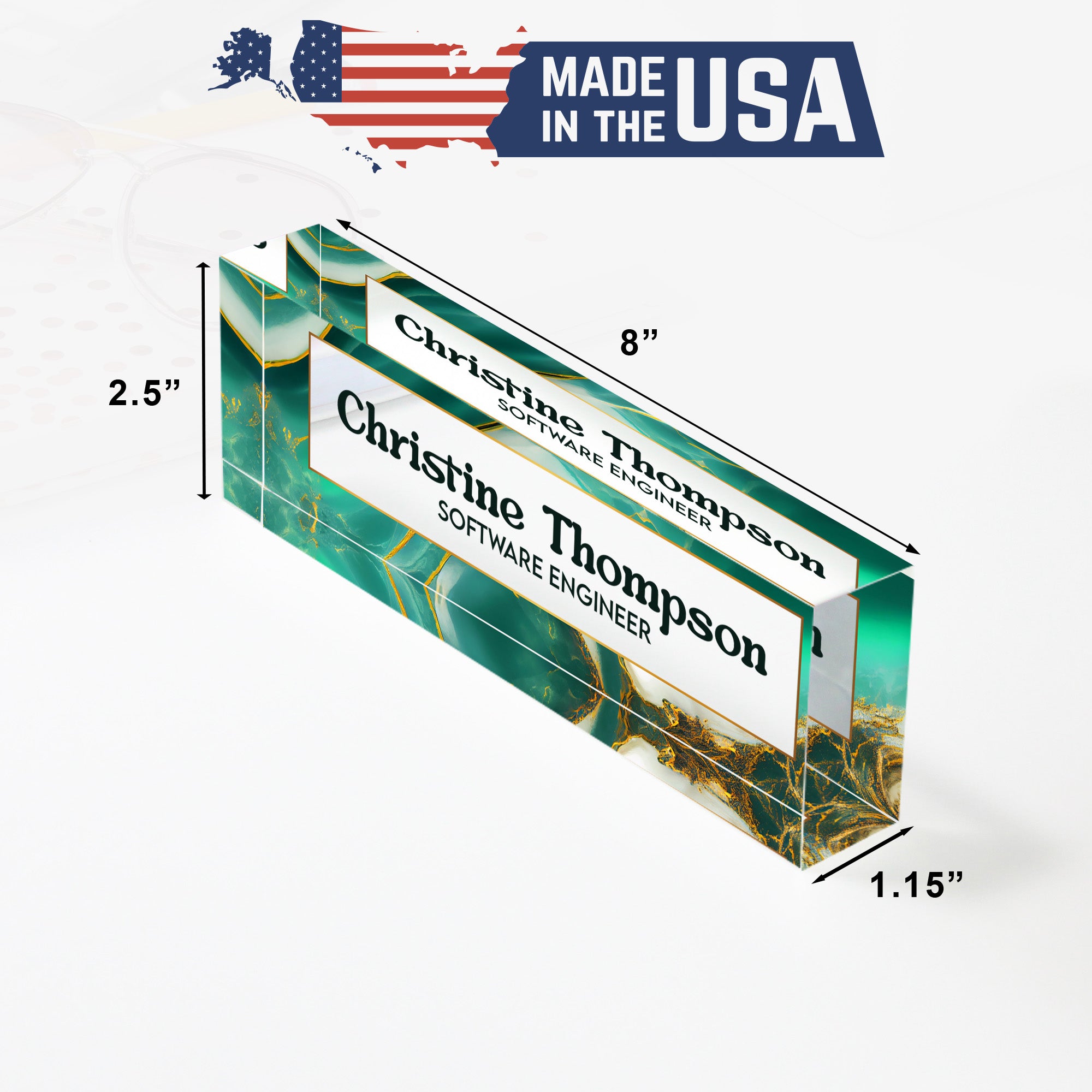 Personalized Acrylic Desk Block with Elegant Teal and Gold Marble Design – Custom Nameplate for Professionals & Gift Occasions - Image 10