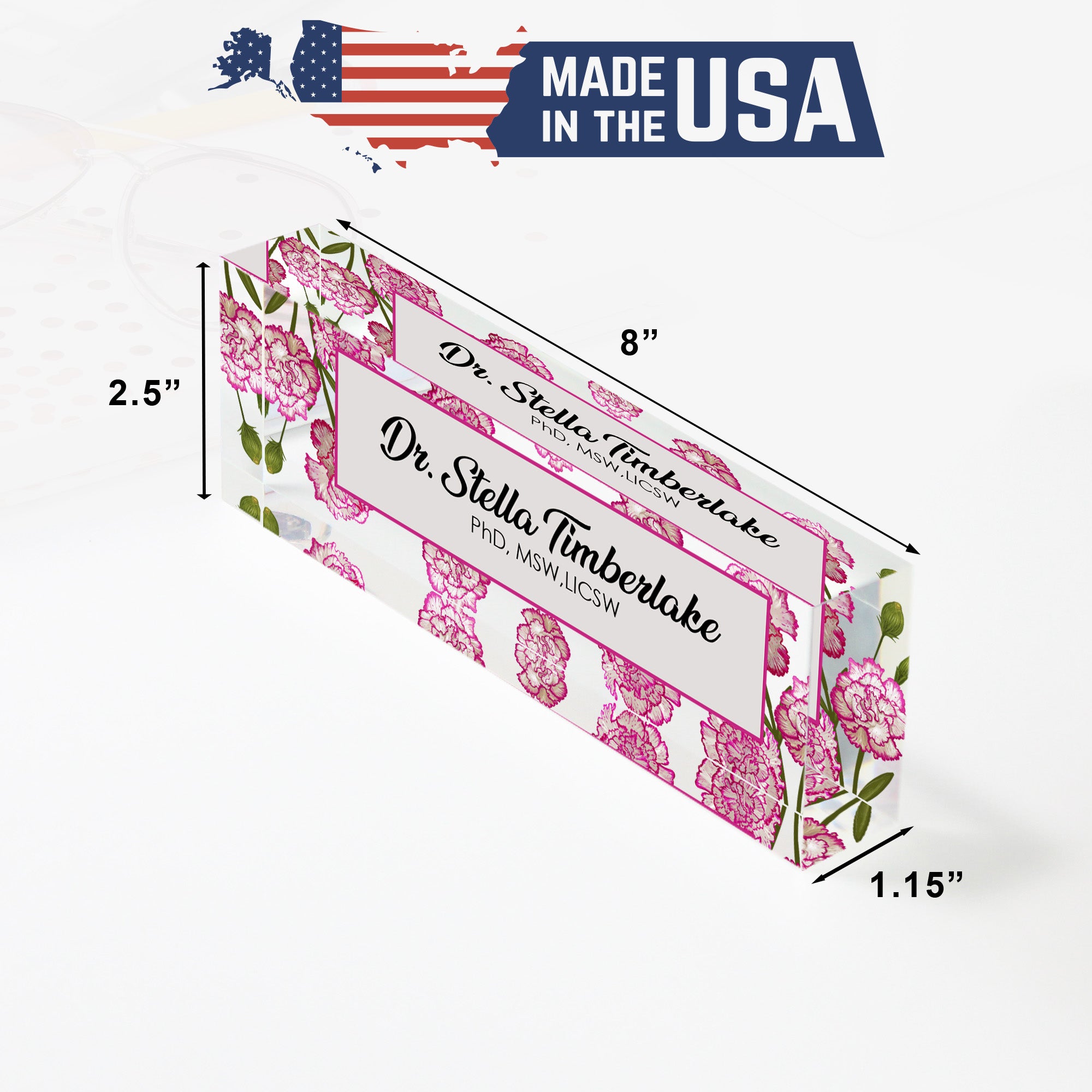 Personalized Floral Acrylic Desk Block – Custom Name Plate with Pink Carnation Design for Office Professionals - Image 10