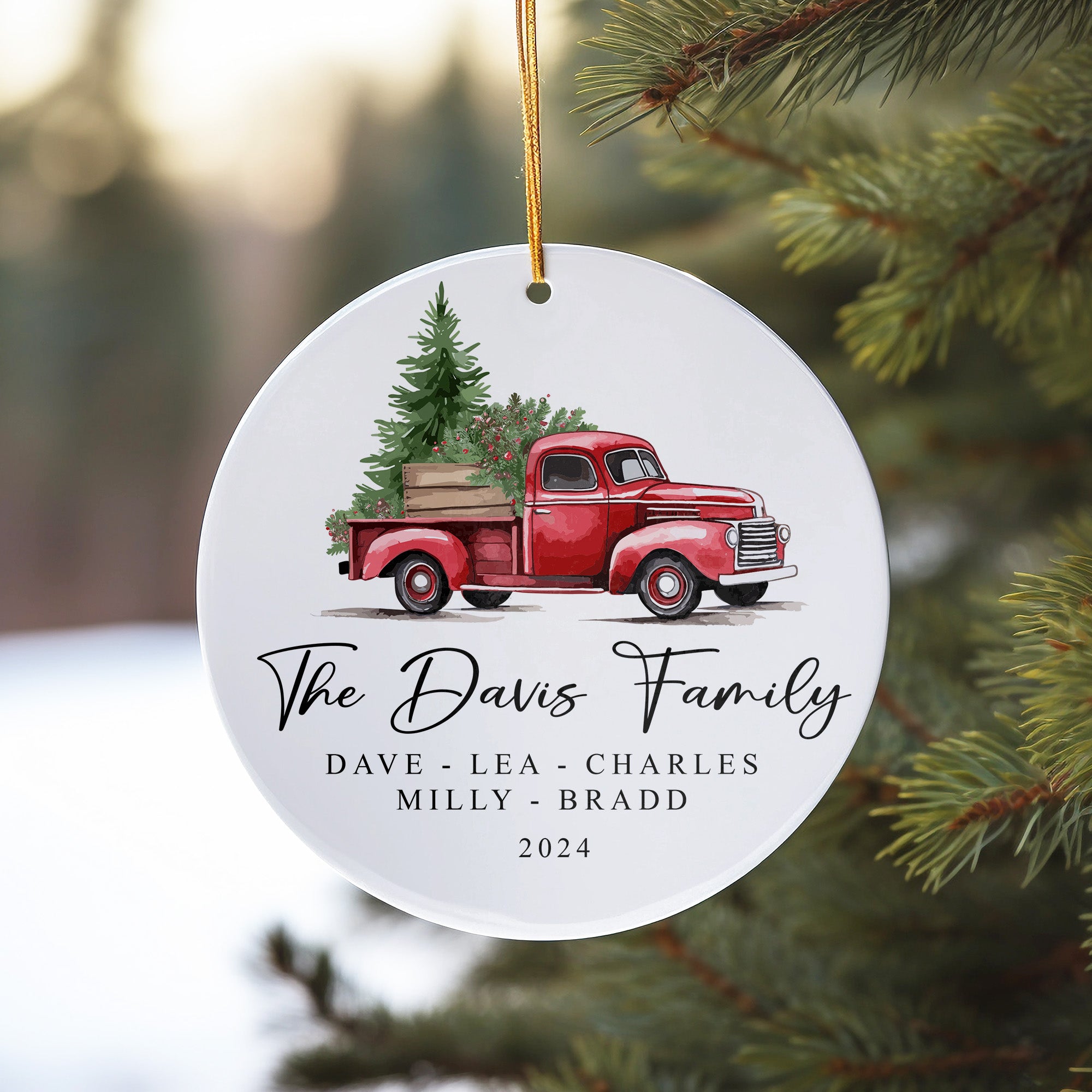 Personalized Family Red Vintage Truck Ceramic Ornament – Custom Christmas Keepsake with Elegant Script - Image 10