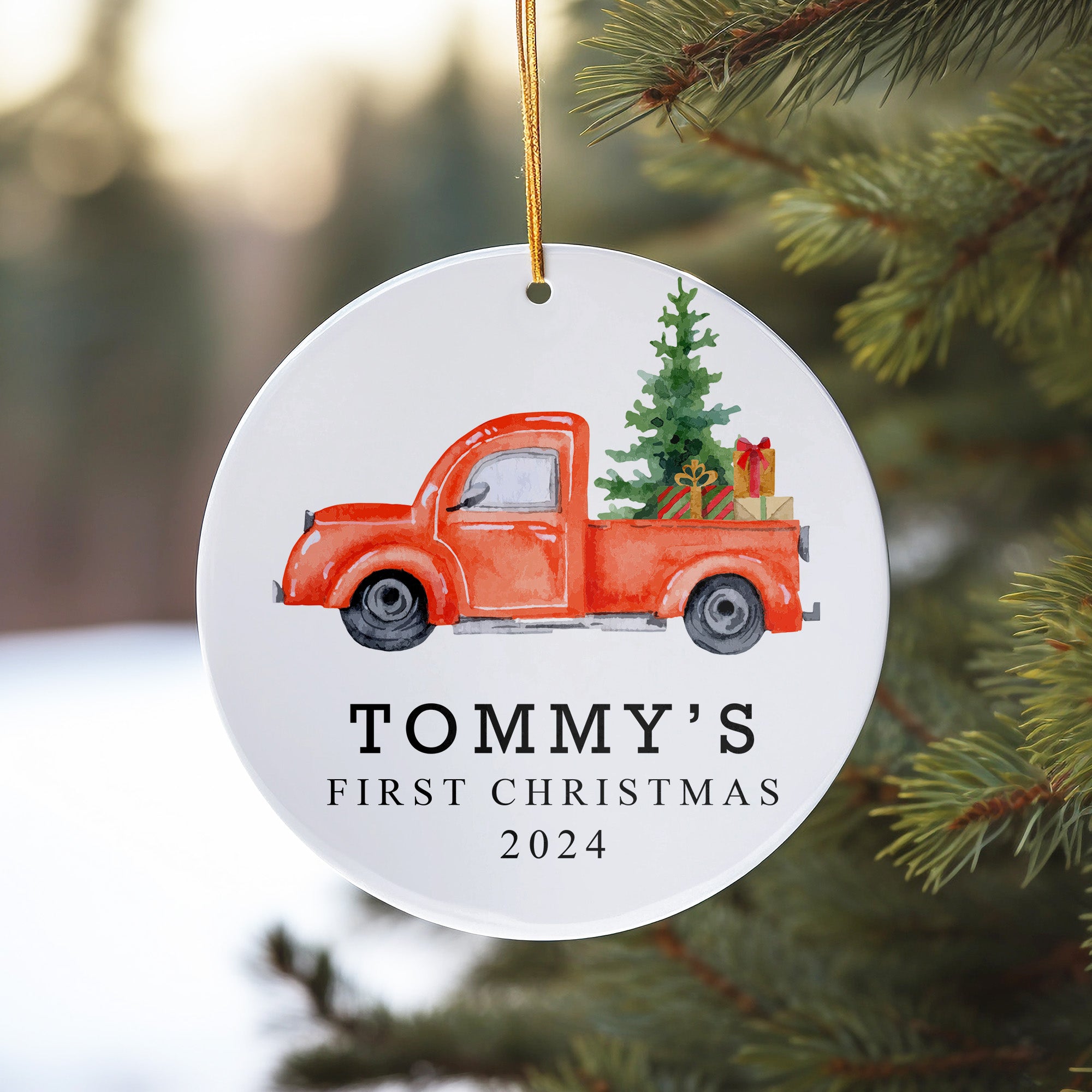 Personalized Baby's First Christmas 2024 Ceramic Ornament with Vintage Red Truck Design - Image 10