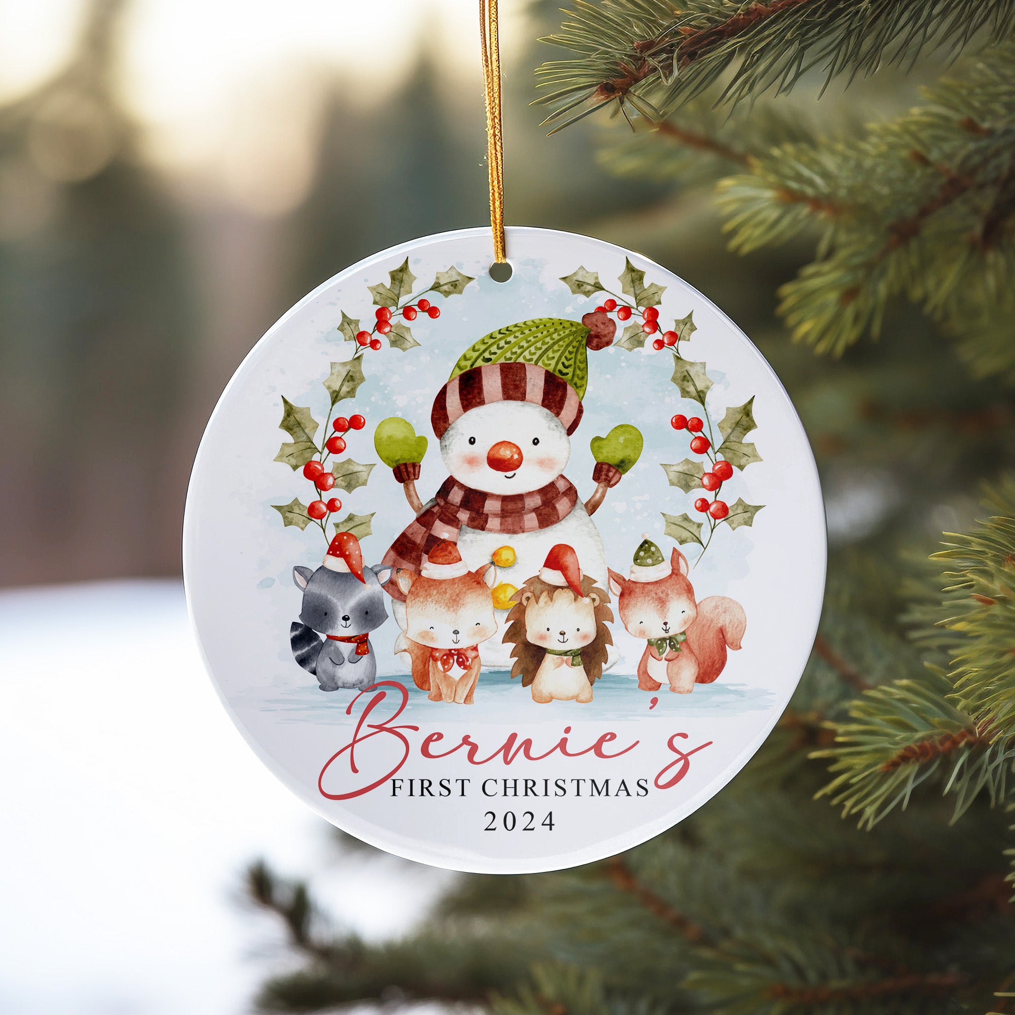Personalized 2024 Ceramic Ornament - "Bernie's First Christmas" with Cute Woodland Animals and Snowman Design - Image 10