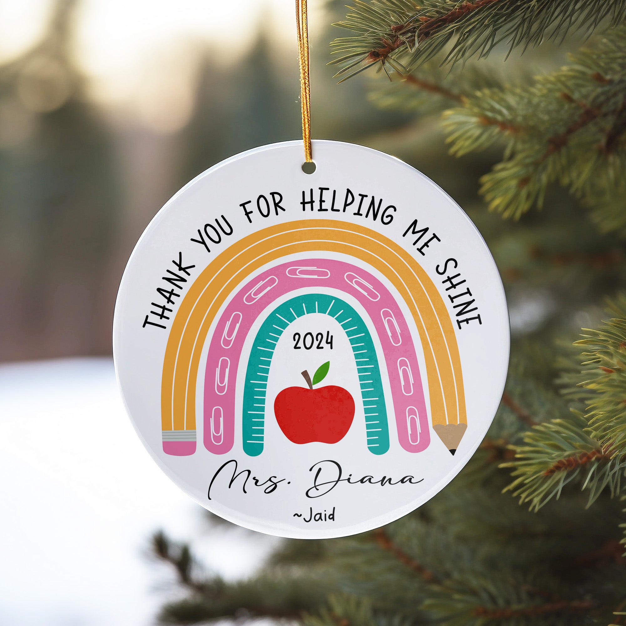Personalized Teacher Appreciation Ceramic Ornament - Custom "Thank You for Helping Me Shine" Gift with 2024 Rainbow Design - Image 10