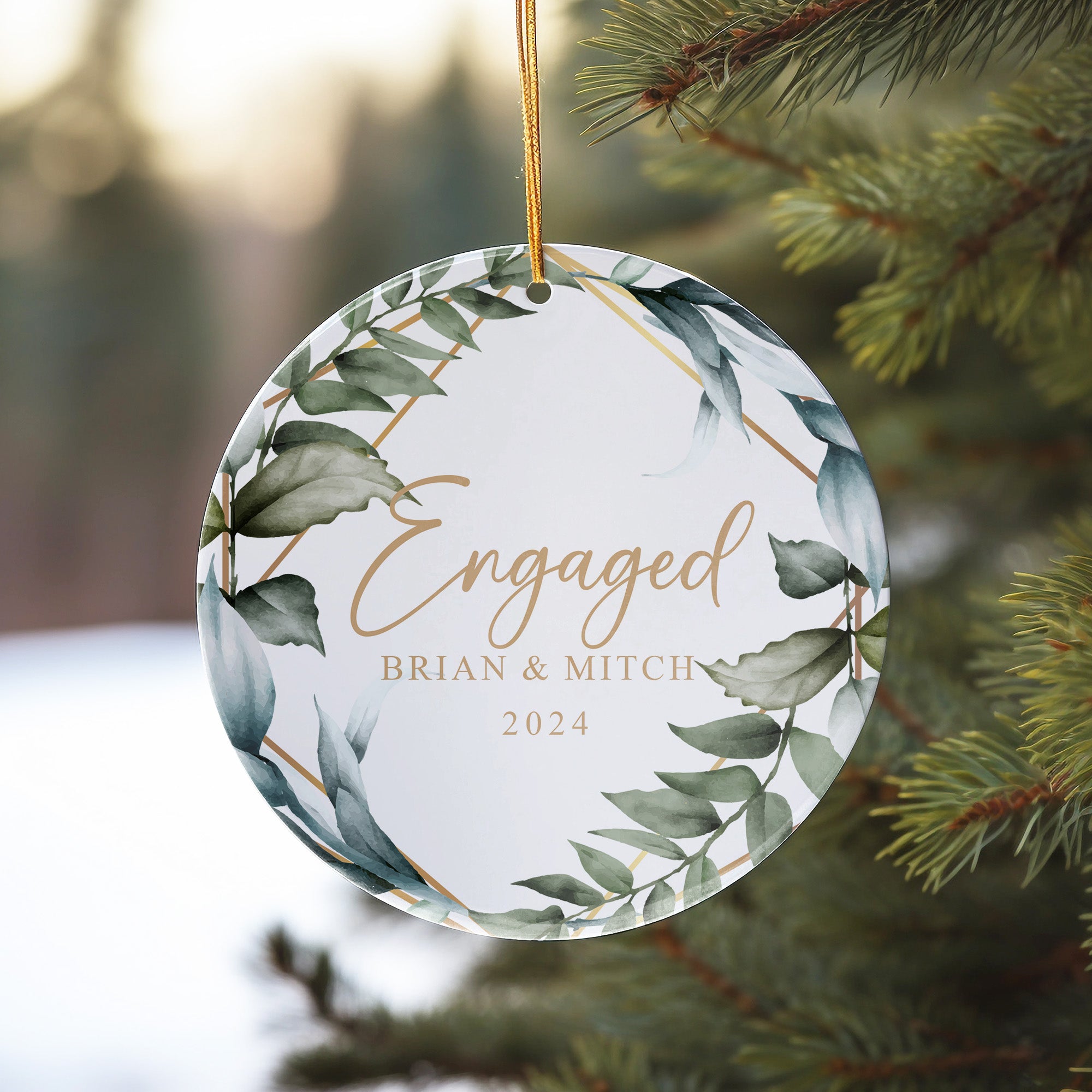 Personalized Engagement Ceramic Ornament - Elegant Greenery Design - Perfect Gift for Couples - Celebrate Love in 2024 - Image 10