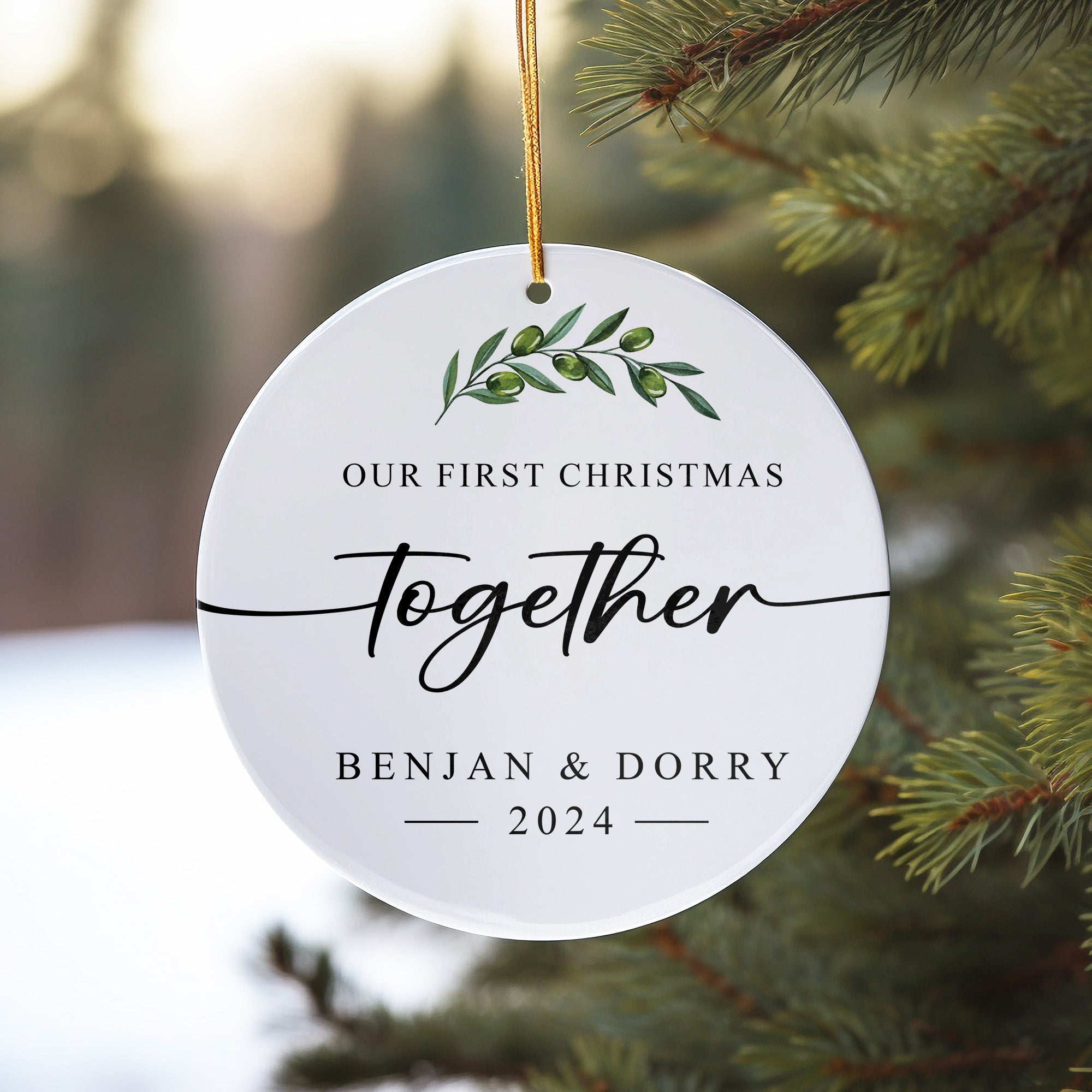 Personalized "Our First Christmas Together" Ceramic Ornament - Custom Couple's Keepsake with Elegant Olive Leaf Design for 2024 - Image 10