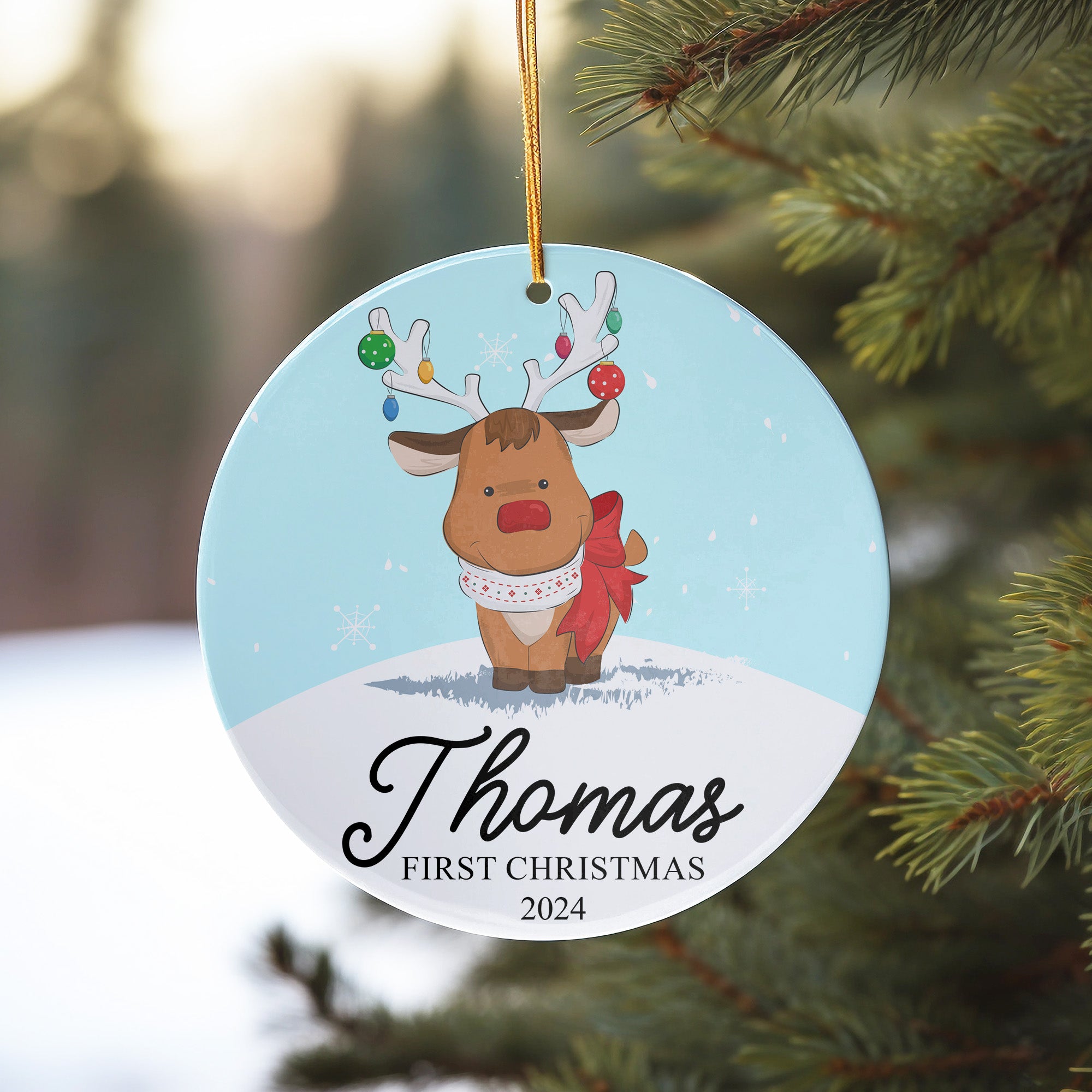 Personalized Baby's First Christmas 2024 Ceramic Ornament - Cute Reindeer Design with Custom Name - Image 10