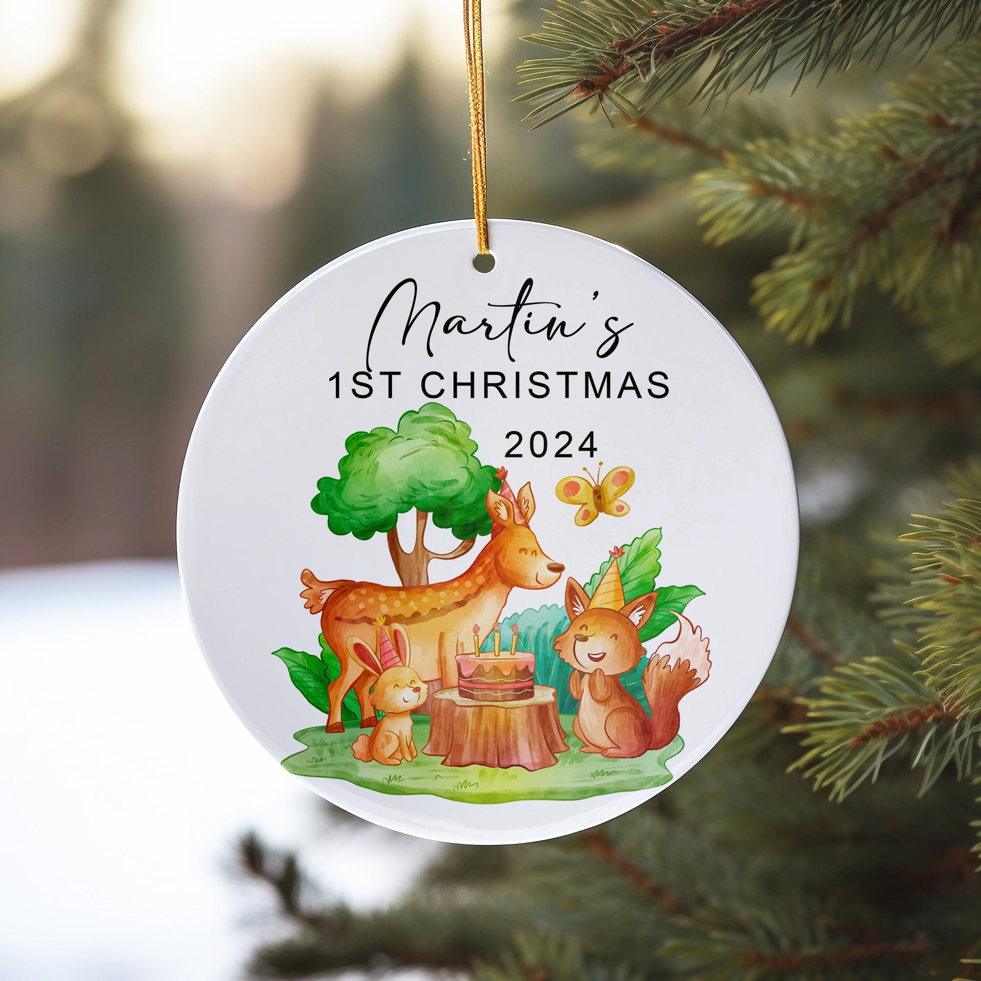 Personalized Baby's First Christmas Ceramic Ornament - Custom Name & Year - Handcrafted Woodland Design Keepsake for 2024 - Image 10