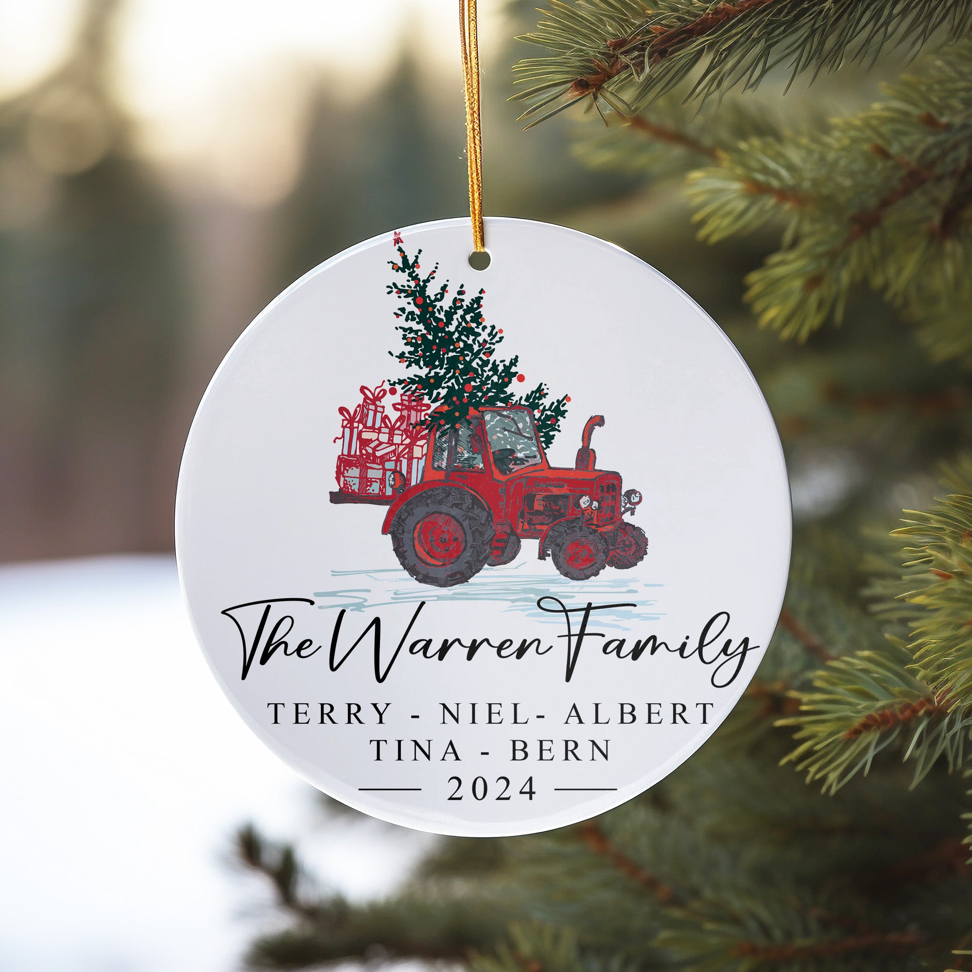 Personalized Family Christmas Ornament - Custom Ceramic Keepsake with Red Tractor & Festive Design - Perfect for Holiday Gift & Decoration 2024 - Image 10