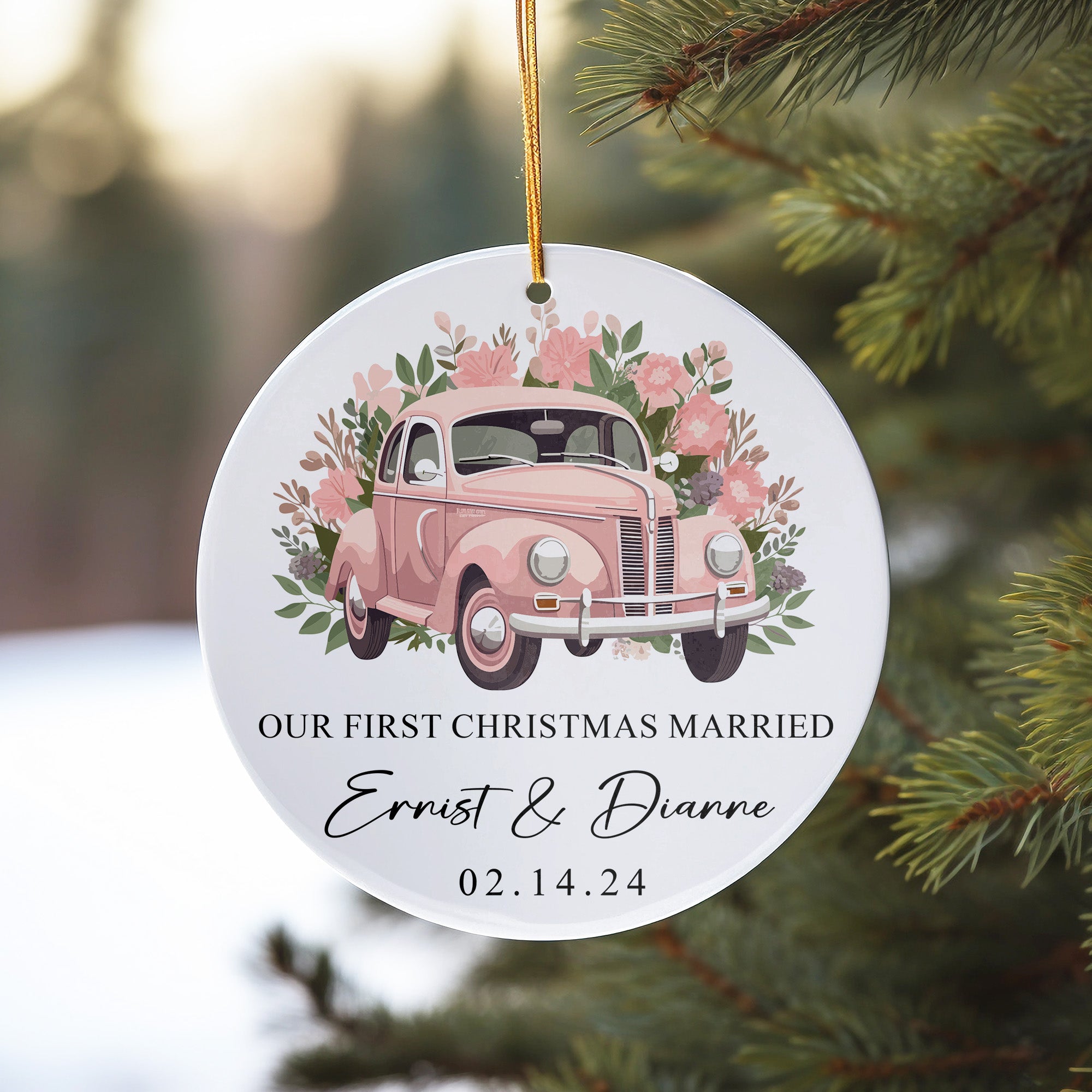 Personalized "Our First Christmas Married" Ceramic Ornament - Vintage Car Design for Newlyweds, Custom Date & Names - Image 10