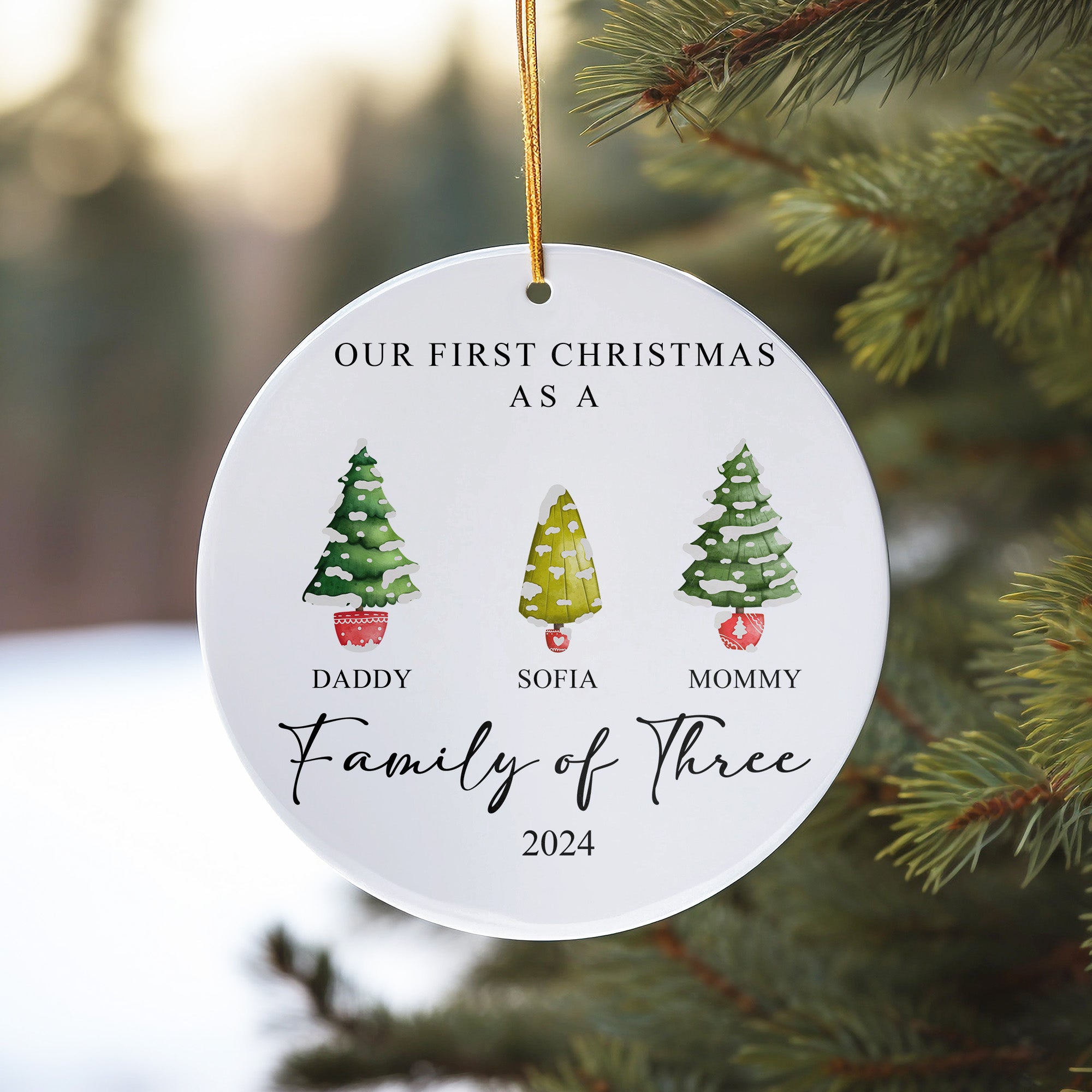Personalized Family of Three Christmas Ornament 2024 – Customized Ceramic Holiday Keepsake with Hand-Painted Trees and Text - Image 10