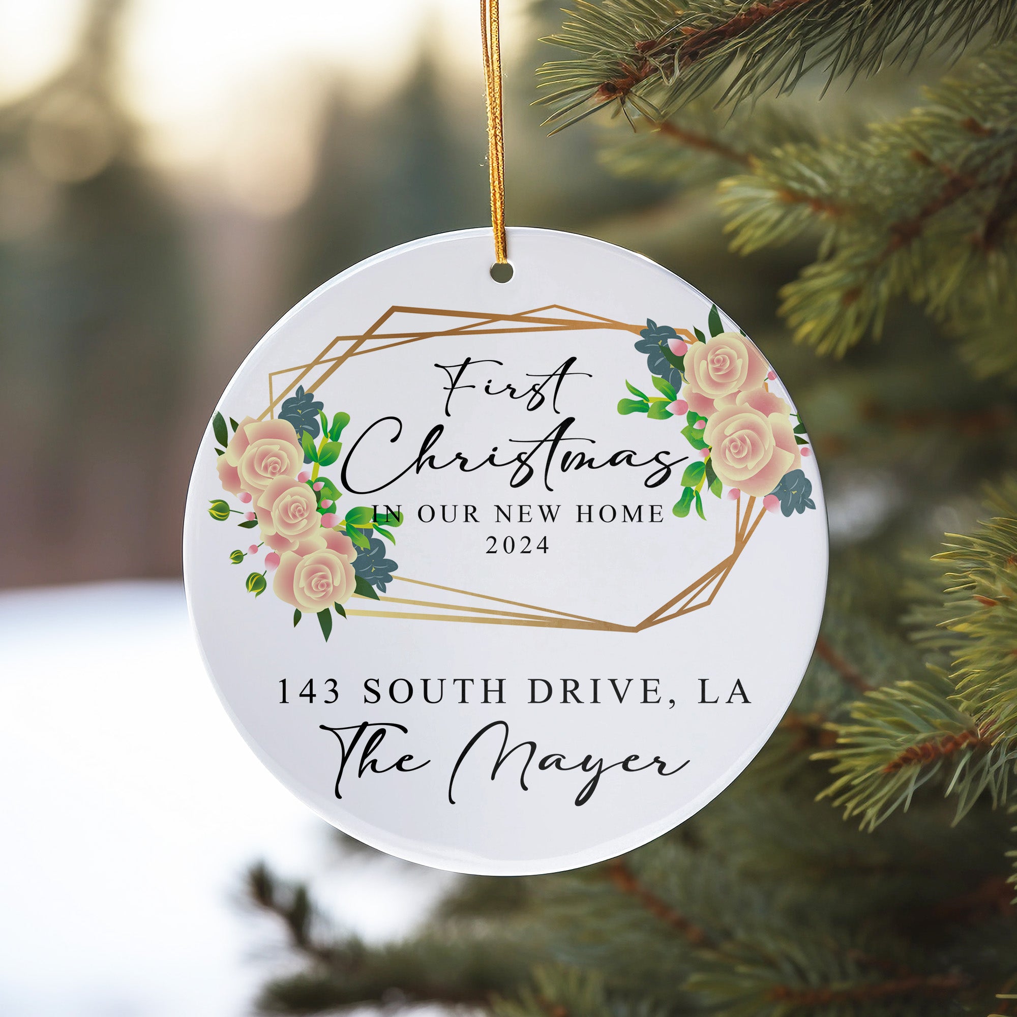 Personalized First Christmas in New Home 2024 Ceramic Ornament – Handcrafted Keepsake with Elegant Floral Design - Image 10