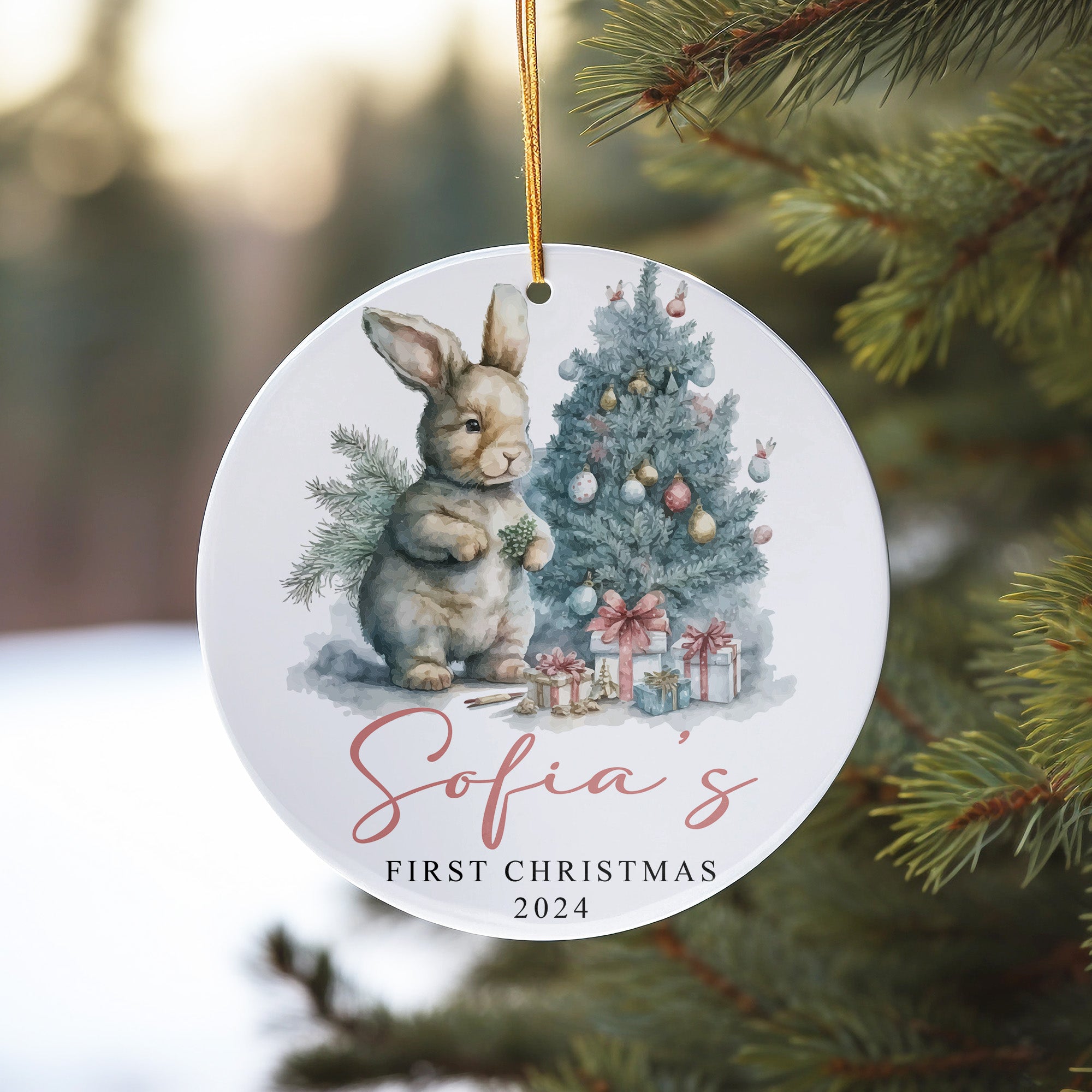 Personalized Baby's First Christmas Ceramic Ornament 2024 - Custom Name Keepsake with Adorable Bunny Design - Image 10