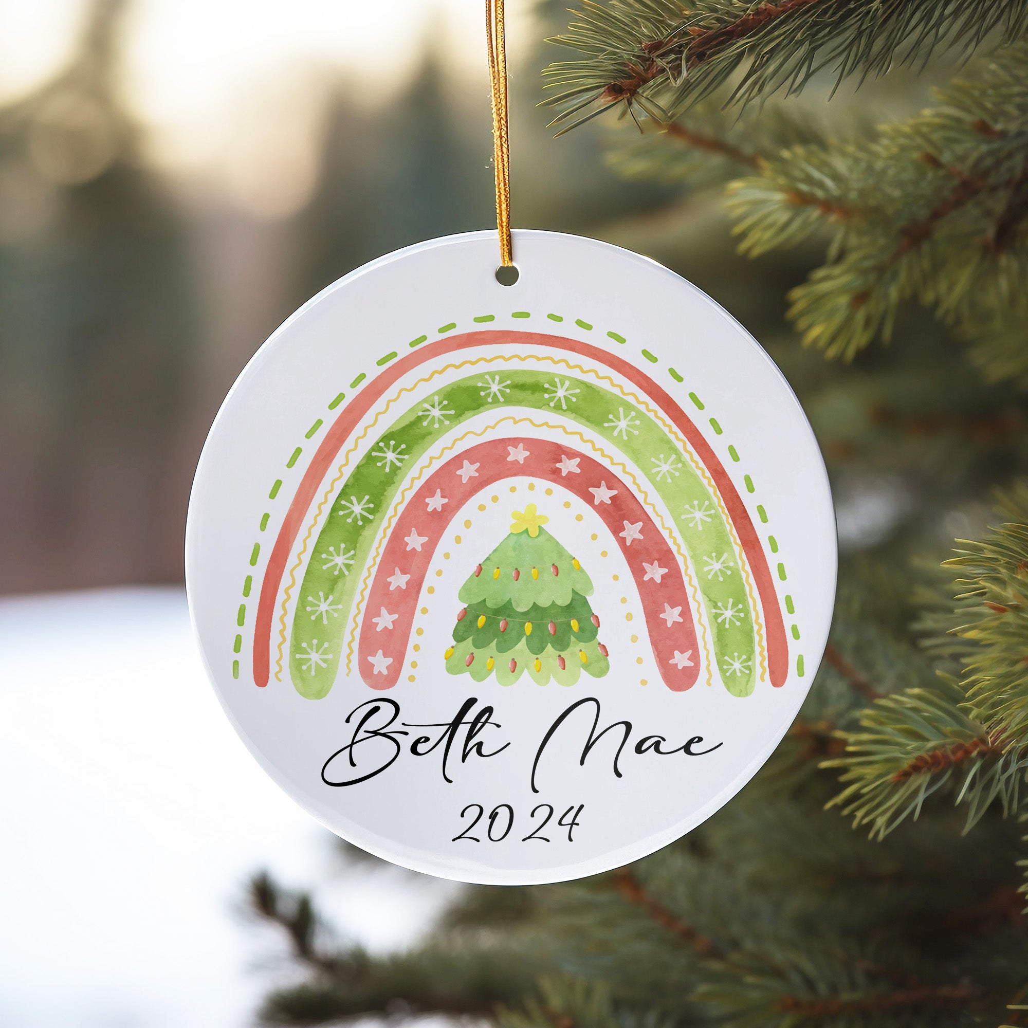 Personalized Christmas Ceramic Ornament with Hand-Painted Rainbow and Tree Design - Custom Name & Year - Perfect Holiday Gift - Image 10