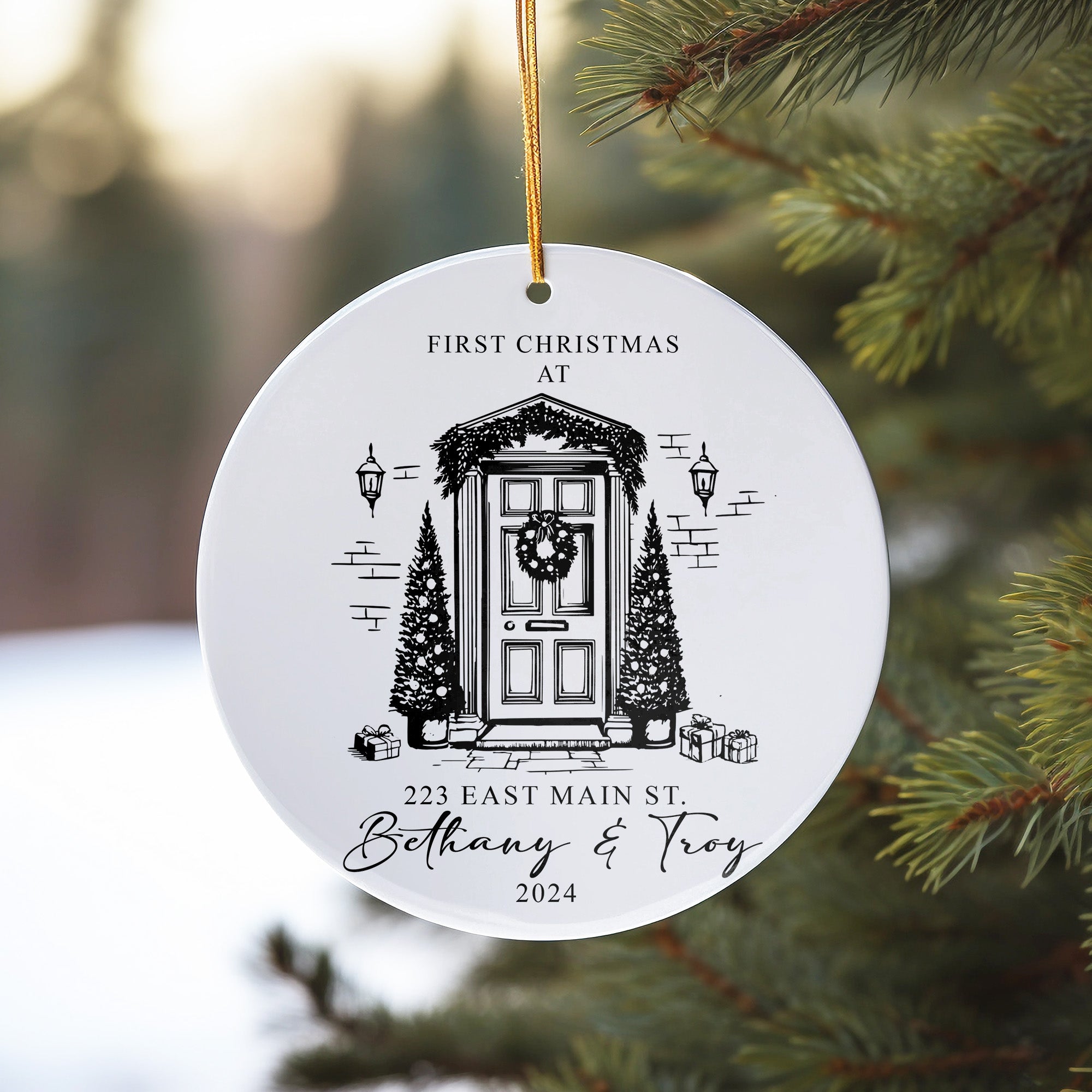 Elegant Personalized First Christmas Ceramic Ornament for Couples – Custom Address & Names, 2024 Keepsake - Image 10