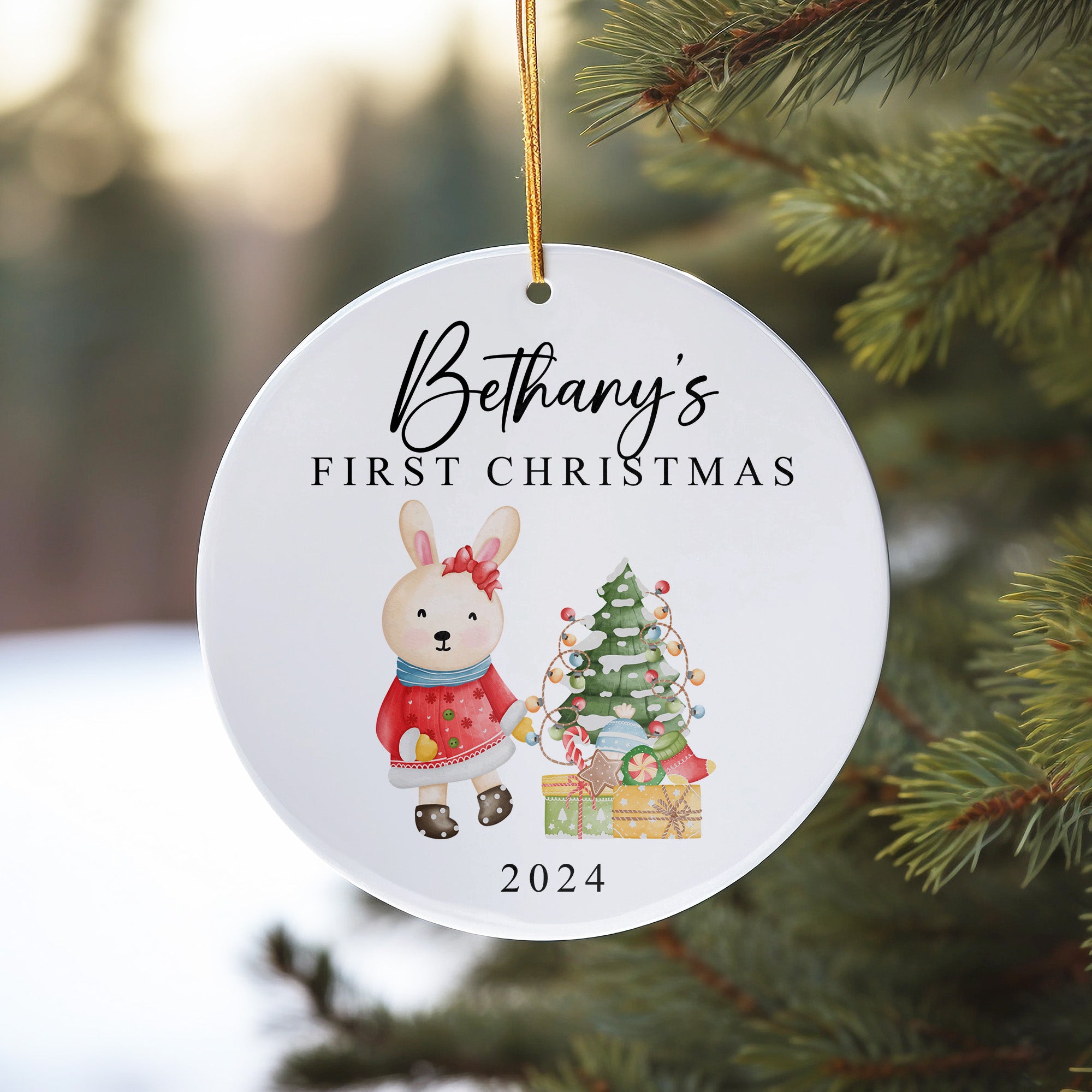 Personalized Baby’s First Christmas Ceramic Ornament – Custom Name Keepsake with Watercolor Bunny & Tree Design – 2024 Holiday Gift - Image 10