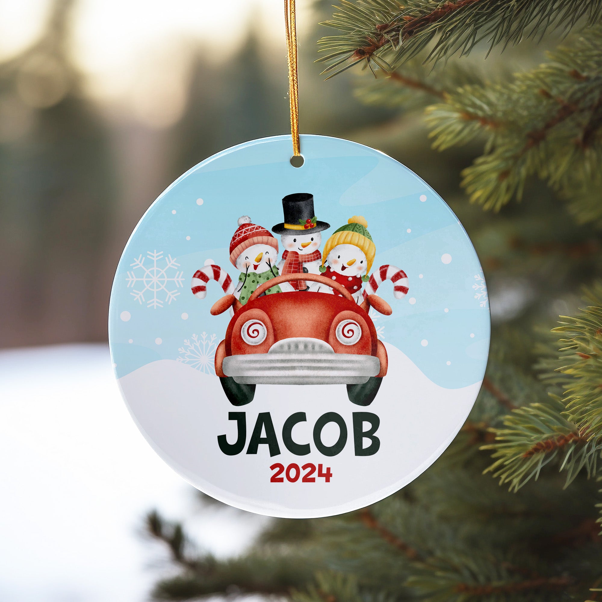 Personalized 2024 Ceramic Ornament with Snowman Family in Red Car - Custom Name Gift for Holidays - Image 10