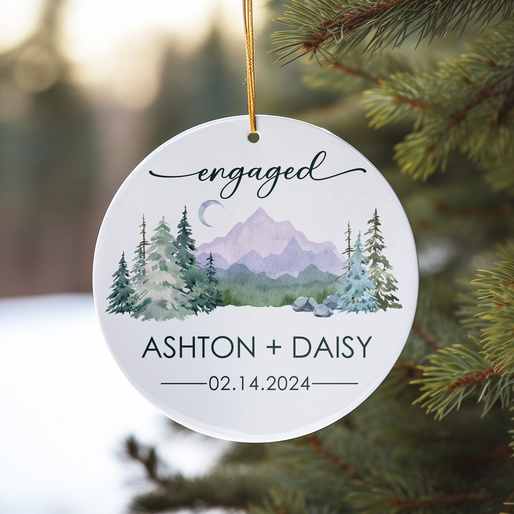 Personalized Engaged Ceramic Ornament – Custom Keepsake for Announcements, Featuring Rustic Mountain Design - Image 10