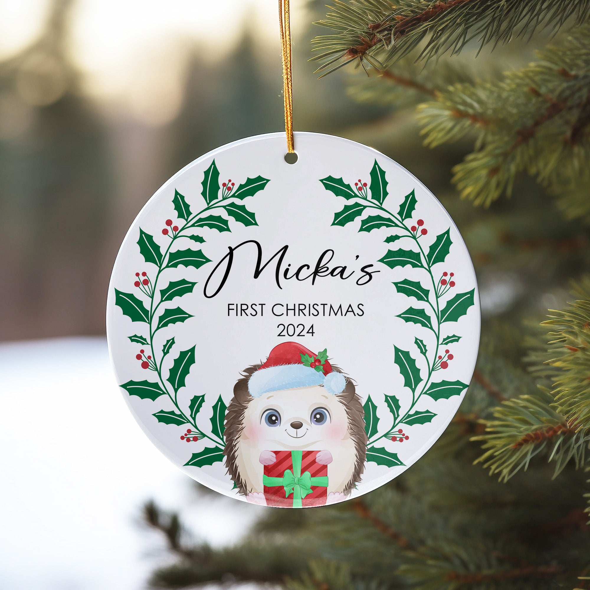 Personalized "First Christmas" Ceramic Ornament 2024 - Handcrafted Holly & Hedgehog Design - Image 10