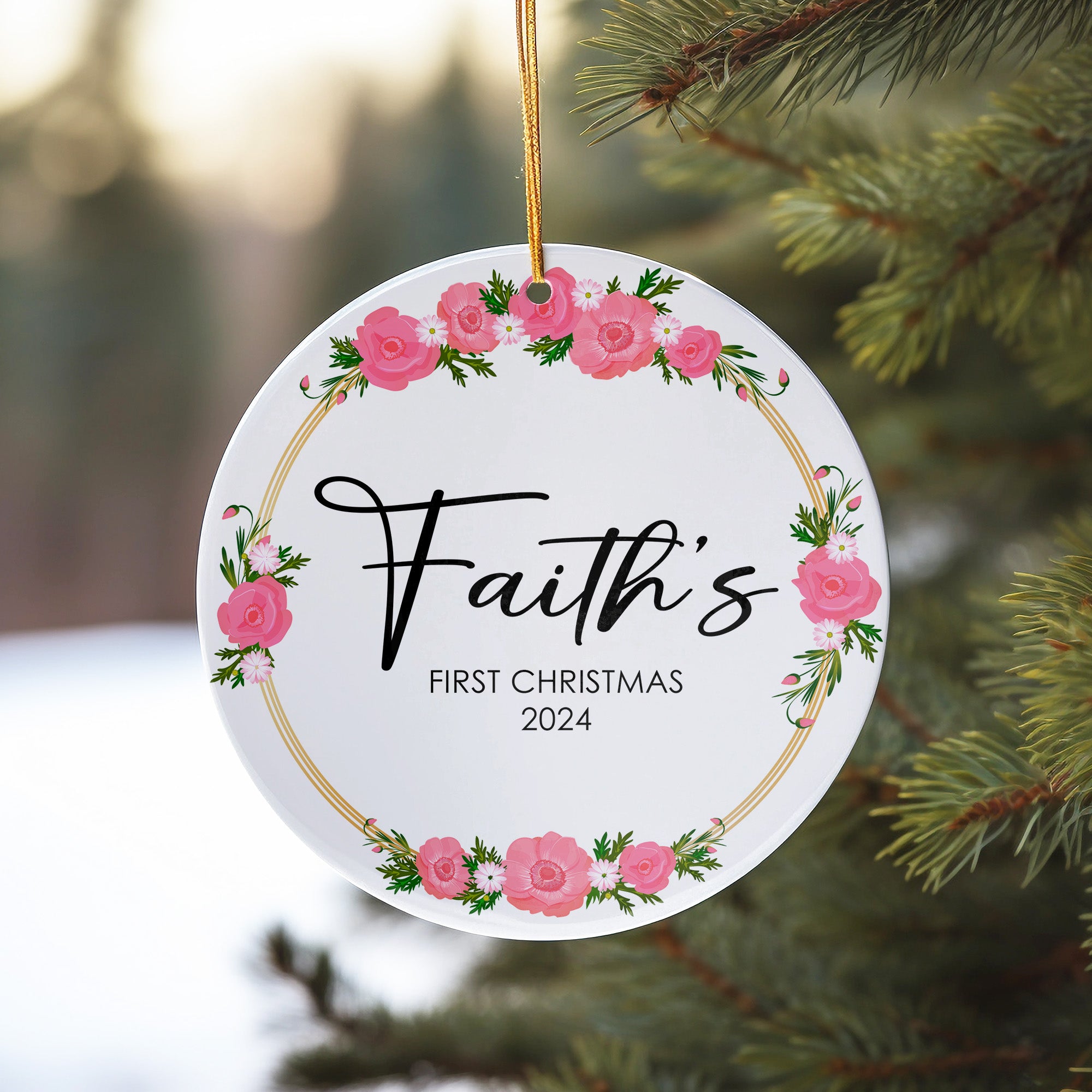 Personalized "Faith's First Christmas 2024" Ceramic Ornament with Pink Floral Design – Perfect Keepsake Gift for Newborns - Image 10