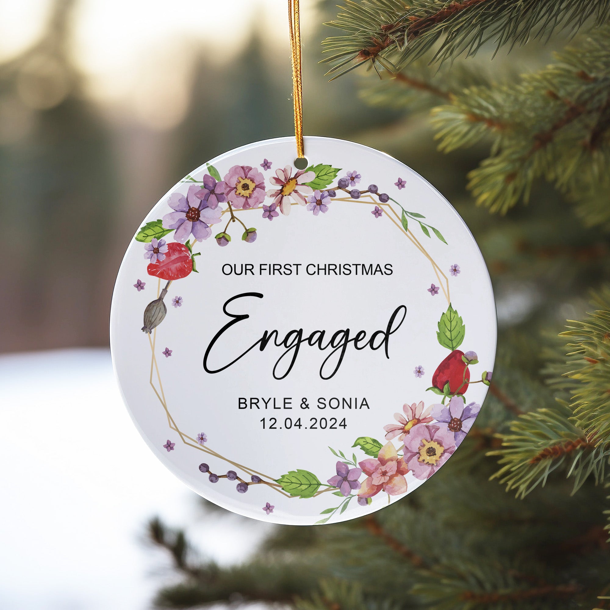 Personalized Engagement Christmas Ornament - Custom Floral Ceramic Keepsake for Couples - Image 10