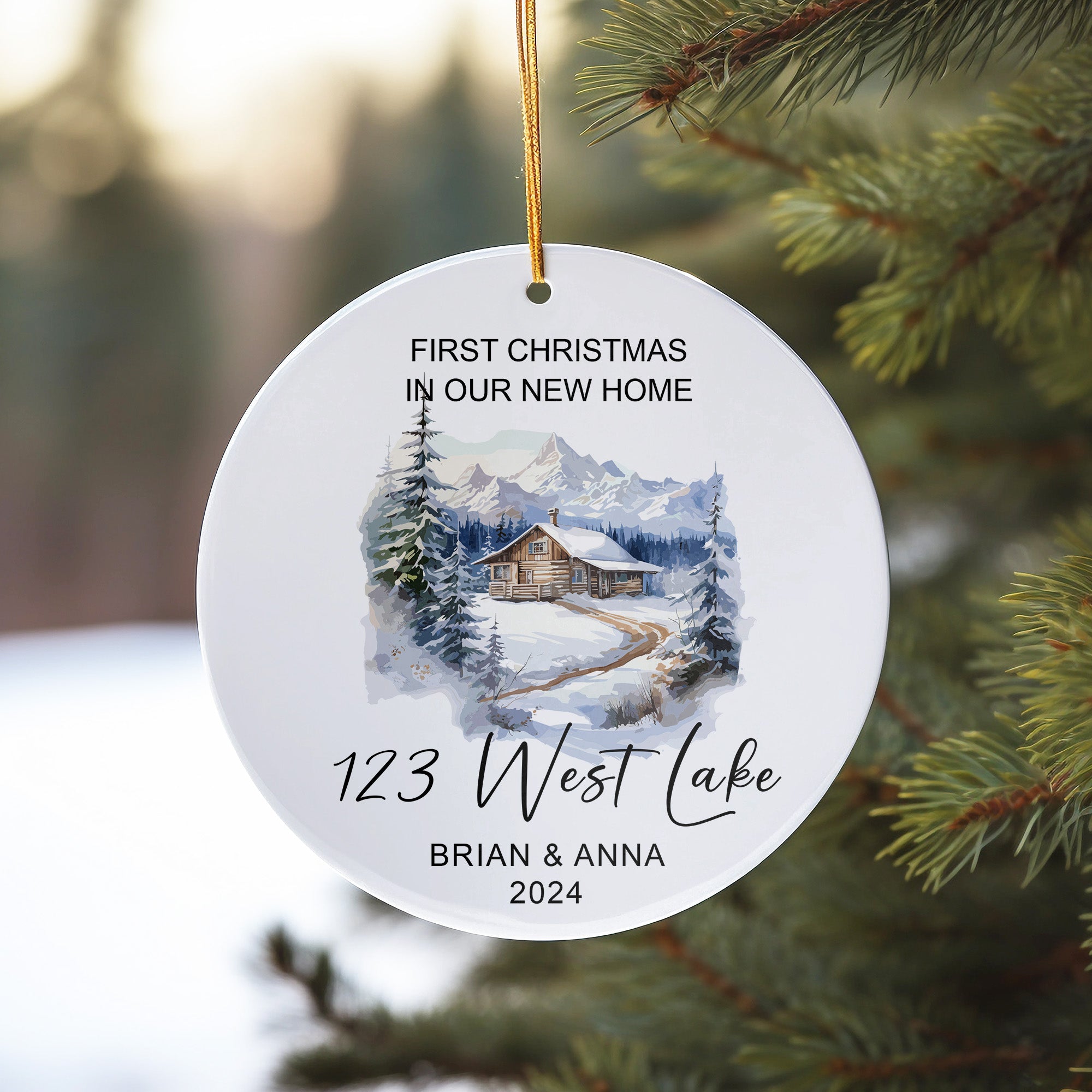 Personalized First Christmas in New Home Ceramic Ornament – Elegant Winter Cabin Design, Custom Names & Address, Heartfelt Keepsake for New Homeowners - Image 10