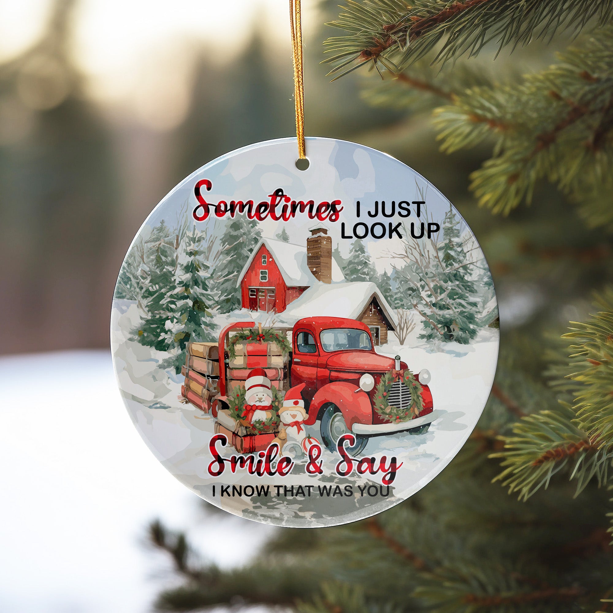 Personalized Memorial Christmas Ornament – Rustic Red Truck & Snowy Cabin Scene with Heartfelt Message – Perfect Gift for Remembering Loved Ones - Image 10