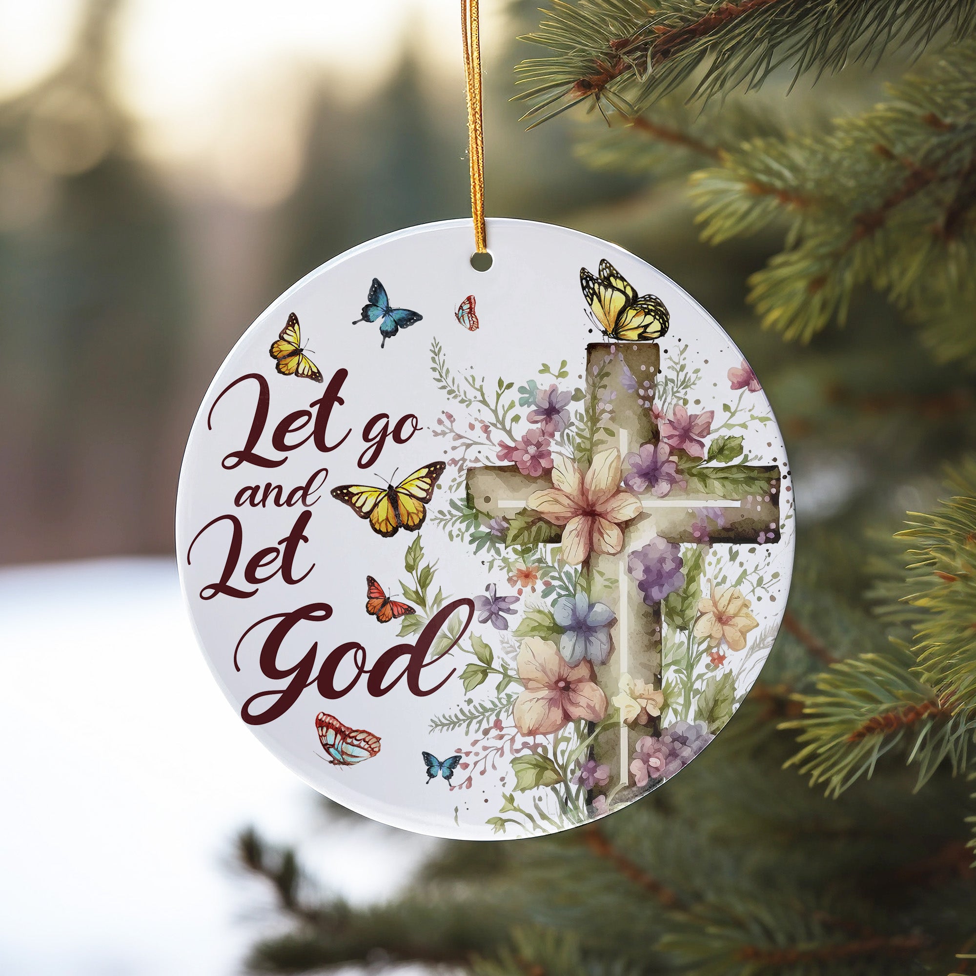 Personalized Floral Cross Ceramic Ornament – Inspirational "Let Go and Let God" with Butterflies – Perfect Gift for Spiritual Support and Home Decor - Image 10