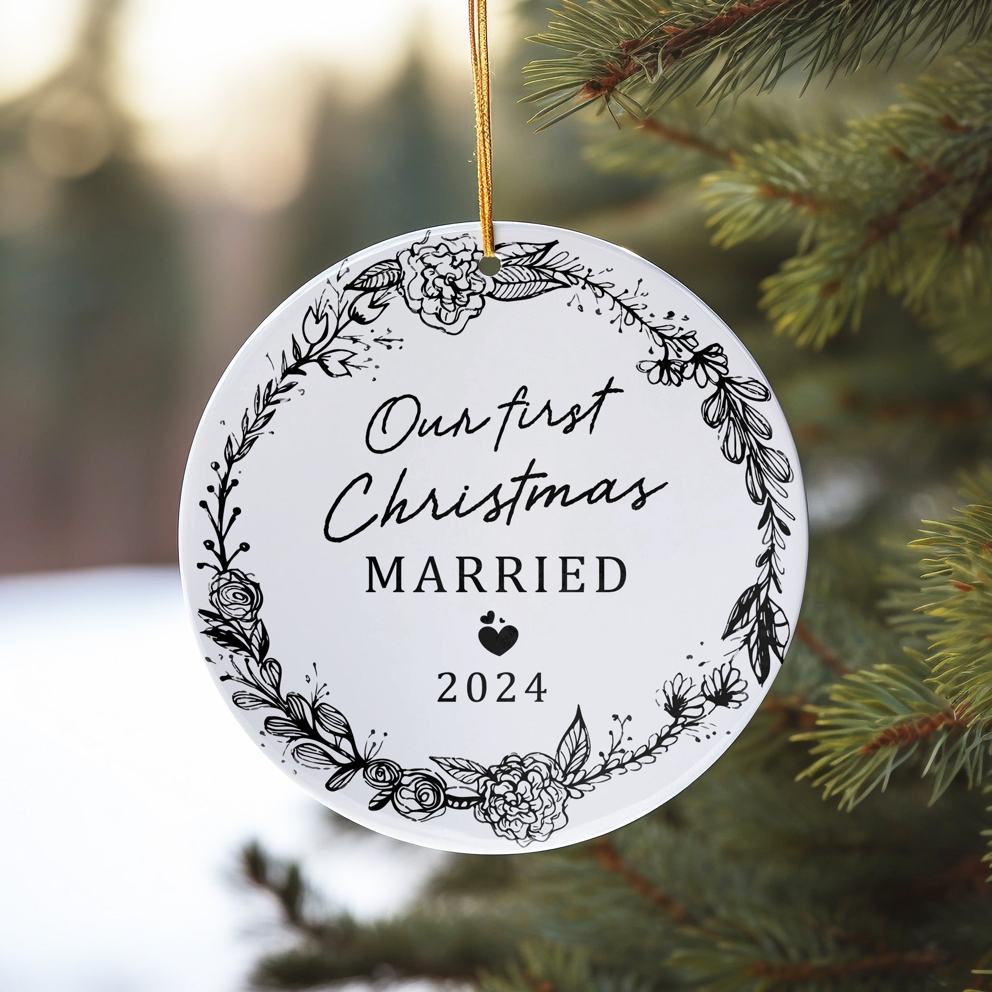 Personalized "Our First Christmas Married" 2024 Ceramic Ornament – Elegant Floral Design for Newlyweds - Image 10