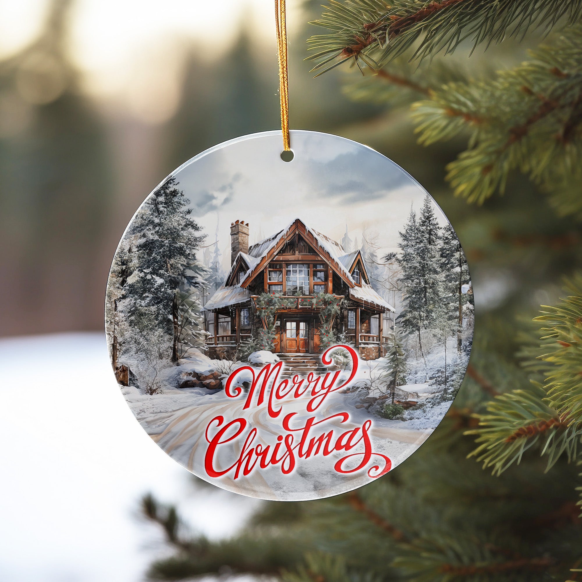 Personalized Merry Christmas Ceramic Ornament – Rustic Cabin Design with Snowy Forest for Perfect Holiday Decor and Heartfelt Gifts - Image 10