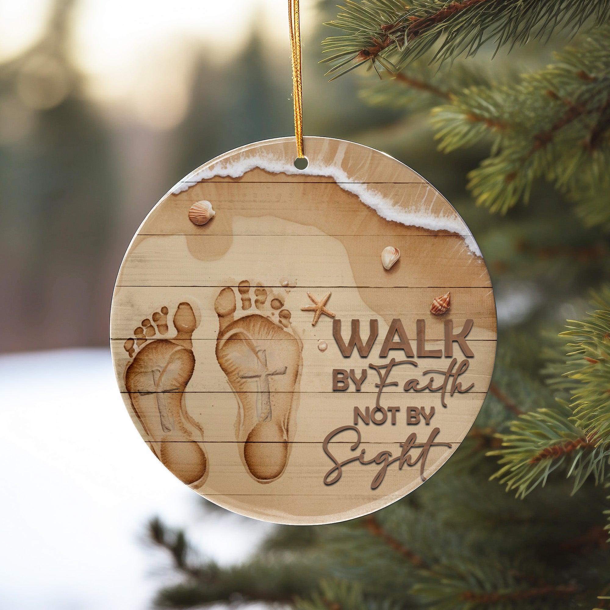 Personalized Footprints in the Sand Ceramic Ornament - "Walk by Faith" Beach Design - Perfect Inspirational Gift - Image 10