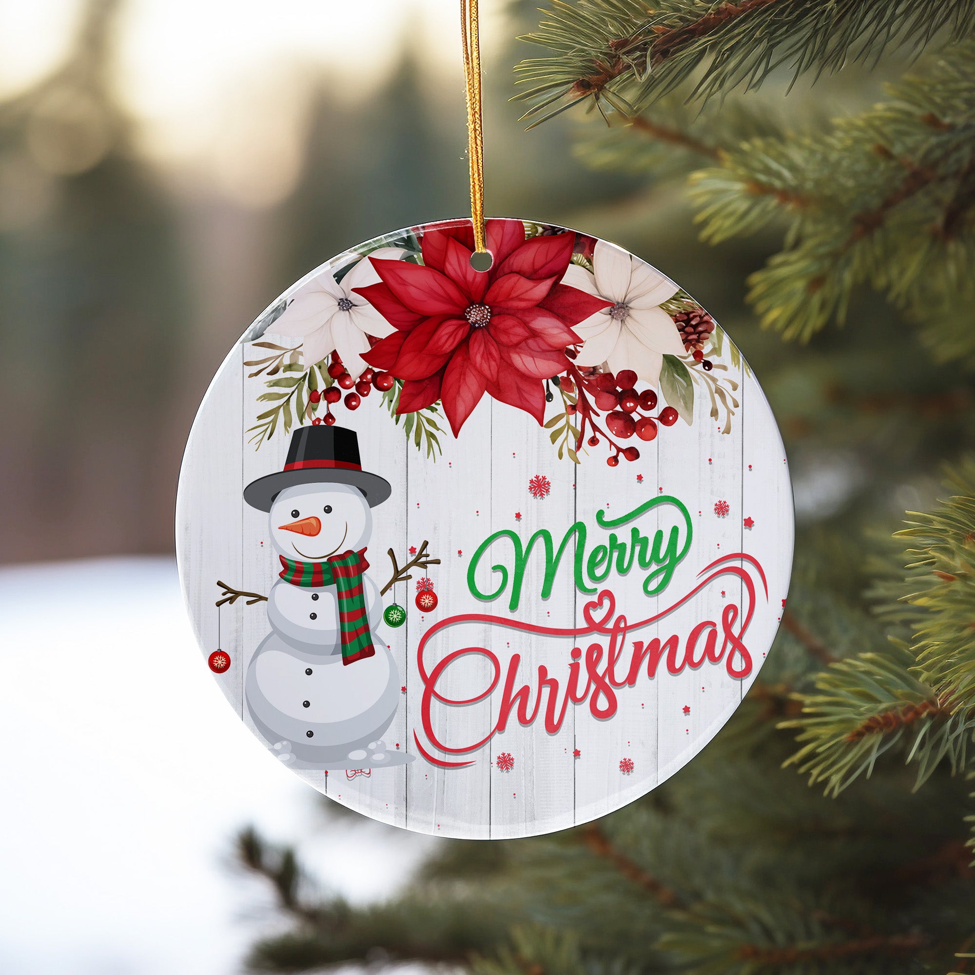 Personalized Merry Christmas Ceramic Ornament with Snowman and Poinsettia - Custom Holiday Decoration - Image 10