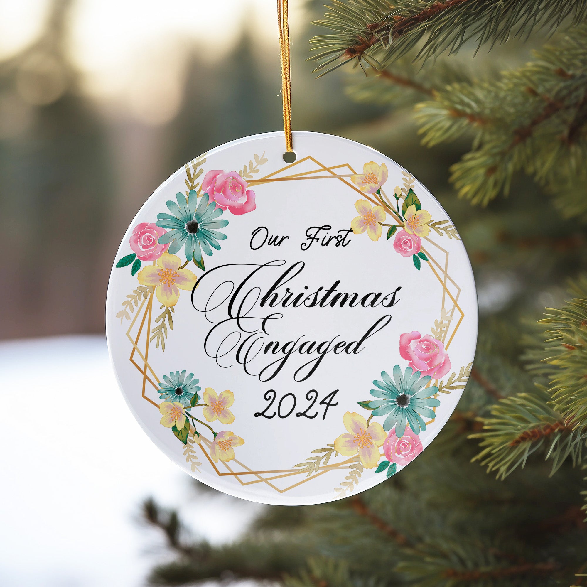 Personalized "Our First Christmas Engaged 2024" Ceramic Ornament - Handmade Floral Decor Keepsake - Image 10